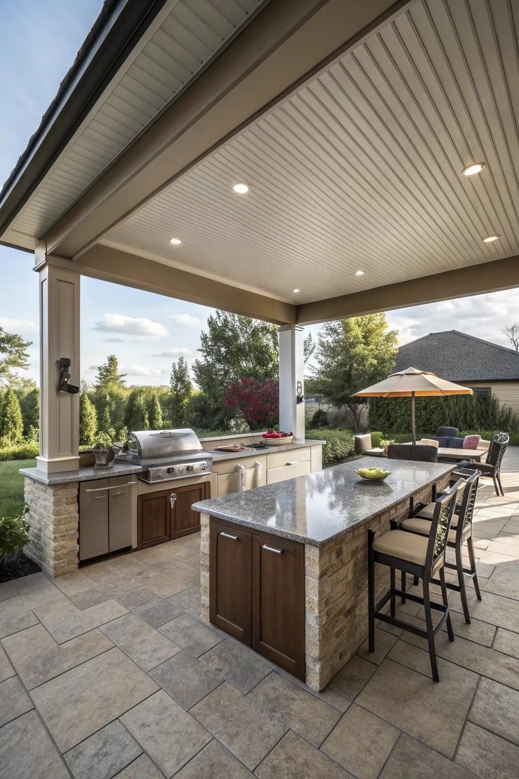 A covered patio ceiling provides shelter while keeping the outdoor ambiance.