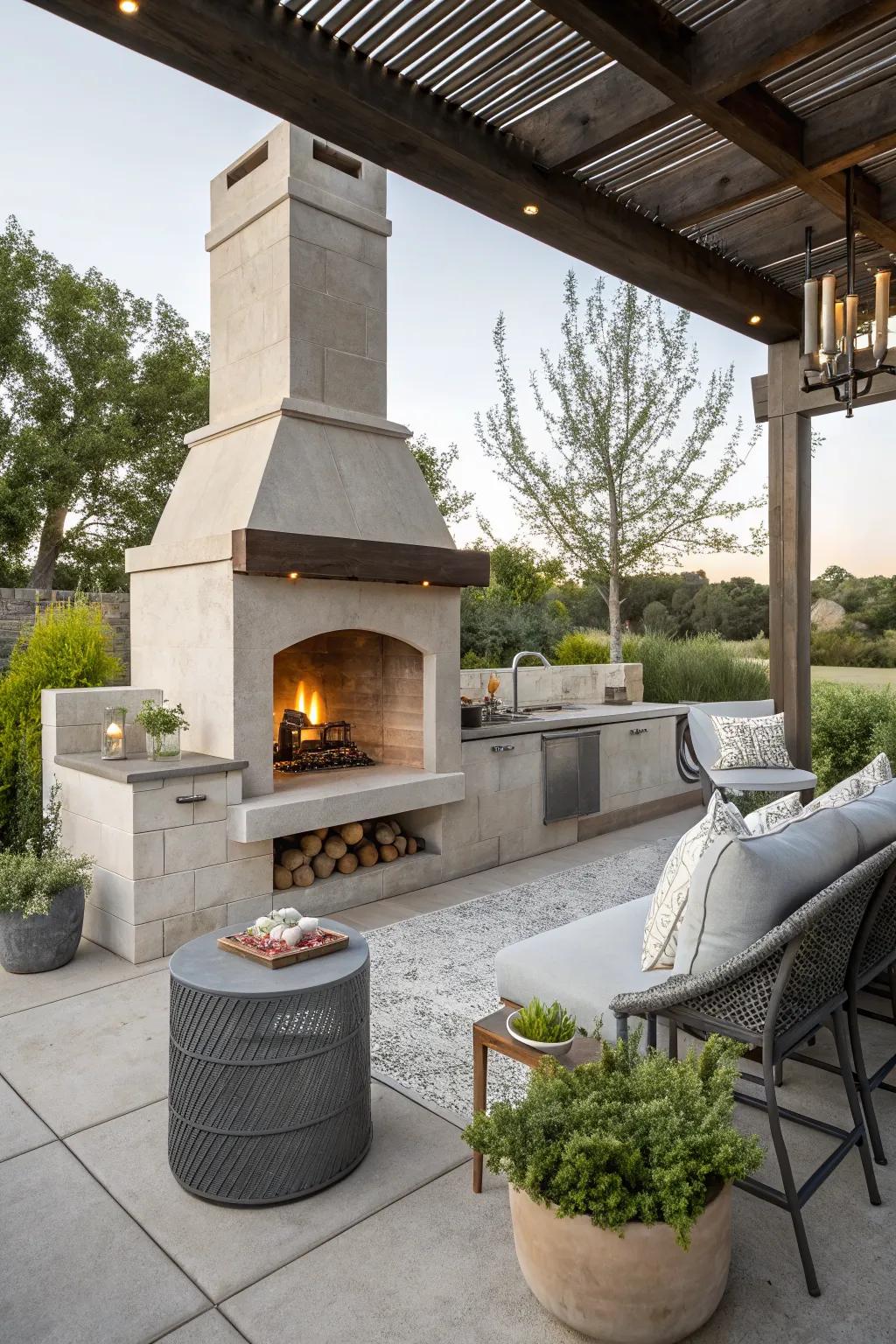 A sleek and modern concrete fireplace in an outdoor kitchen, exuding minimalist charm.