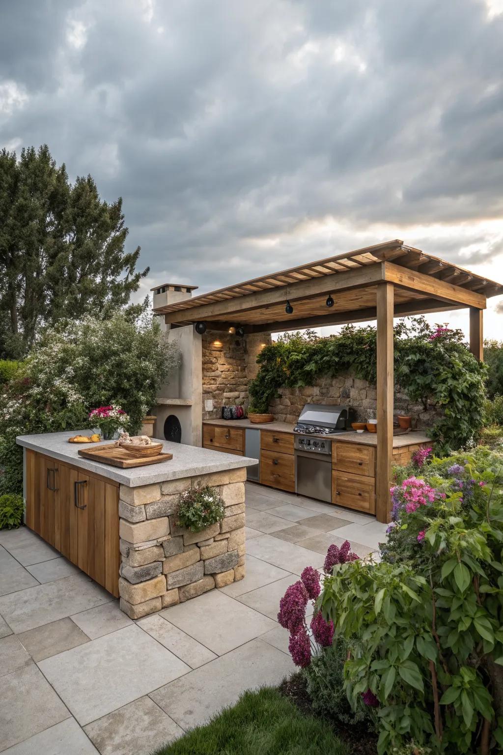 Natural materials create a rustic outdoor kitchen vibe.