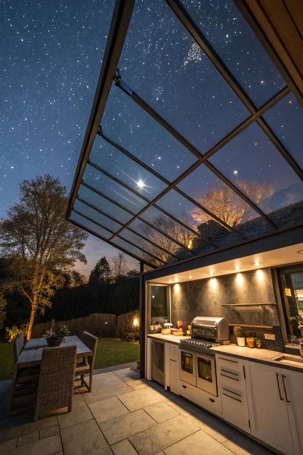 A glass roof allows for stargazing while dining outdoors.