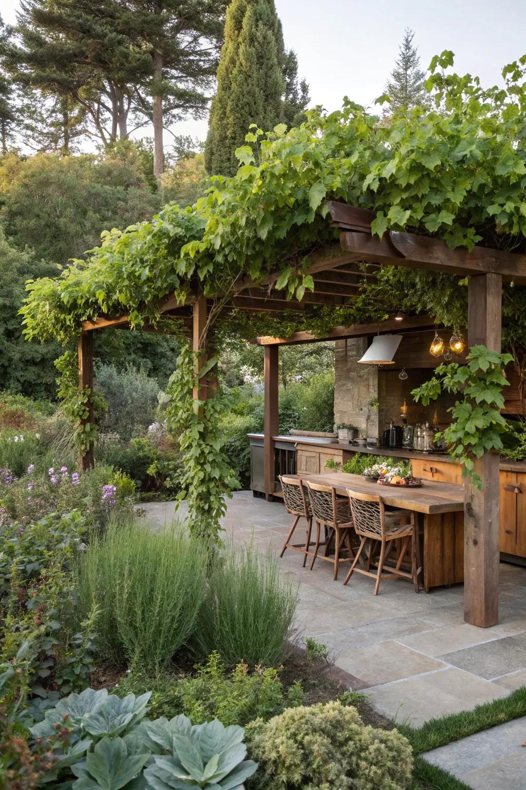 Greenery enhances the natural beauty and comfort of outdoor kitchens.