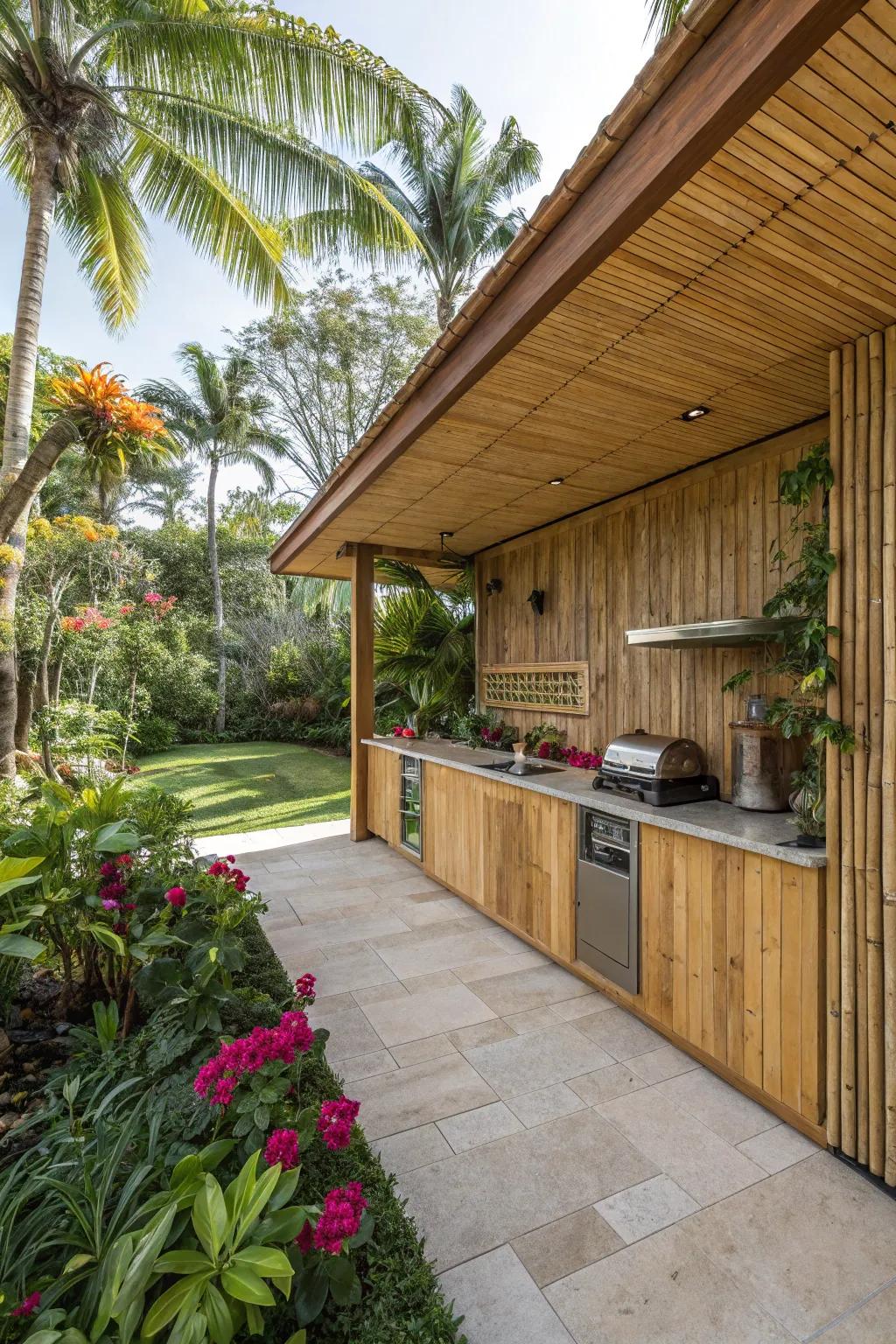 Bamboo siding offers an eco-friendly and tropical style for outdoor kitchens.