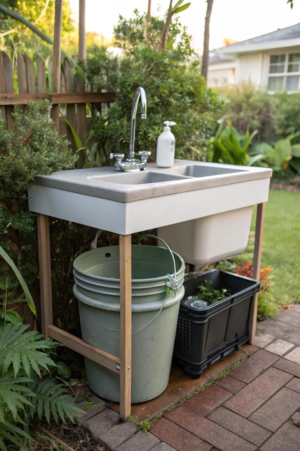 Eco-friendly outdoor sink with greywater reuse.