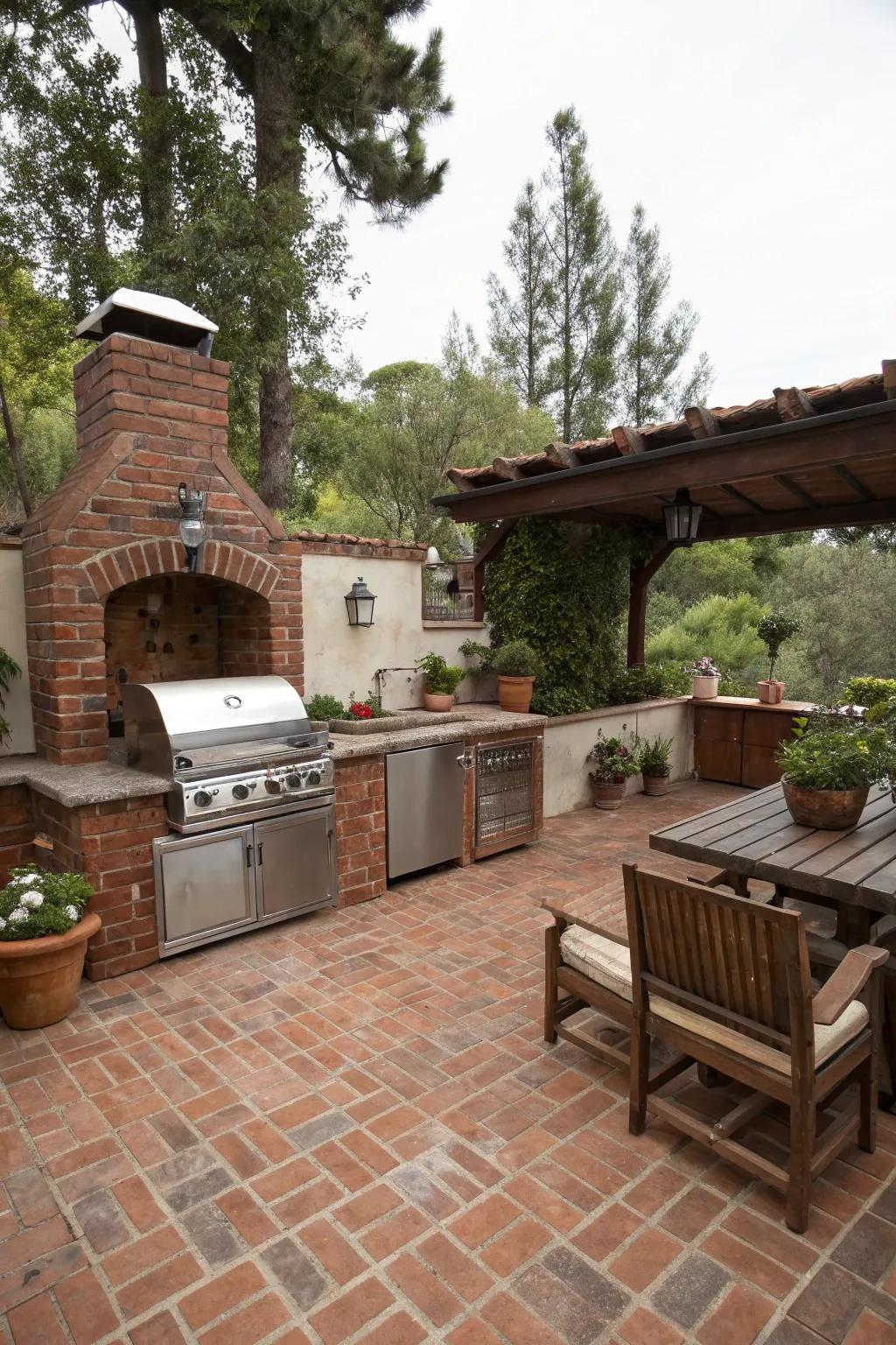 Classic brick-style tiles adding rustic charm to an outdoor kitchen.