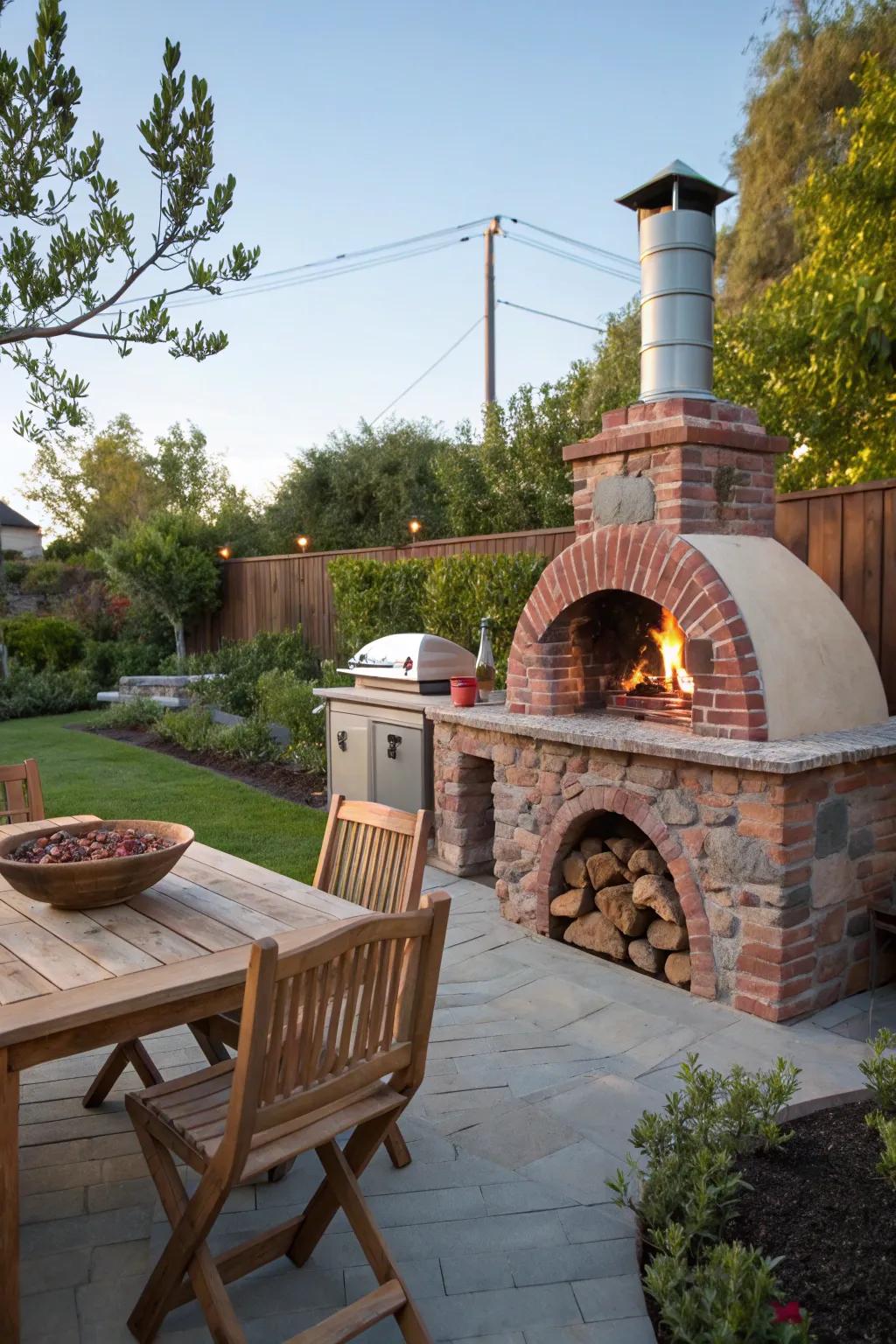 A pizza oven brings culinary delight to this outdoor kitchen.