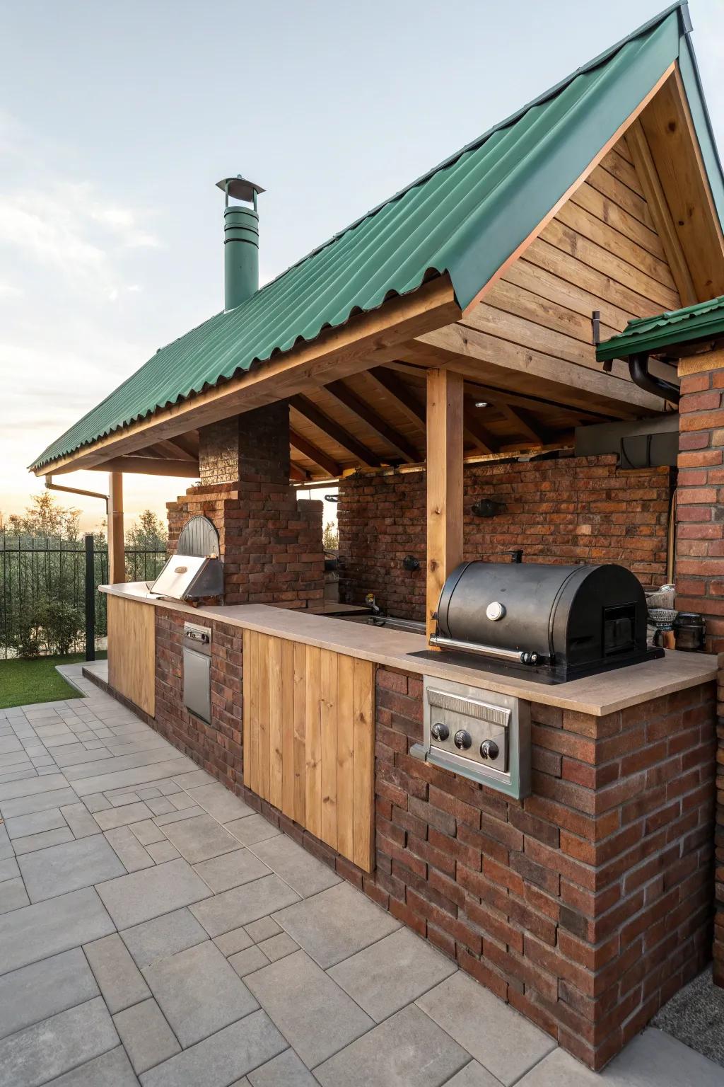 Eco-friendly outdoor kitchen with a green roof and offset smoker.