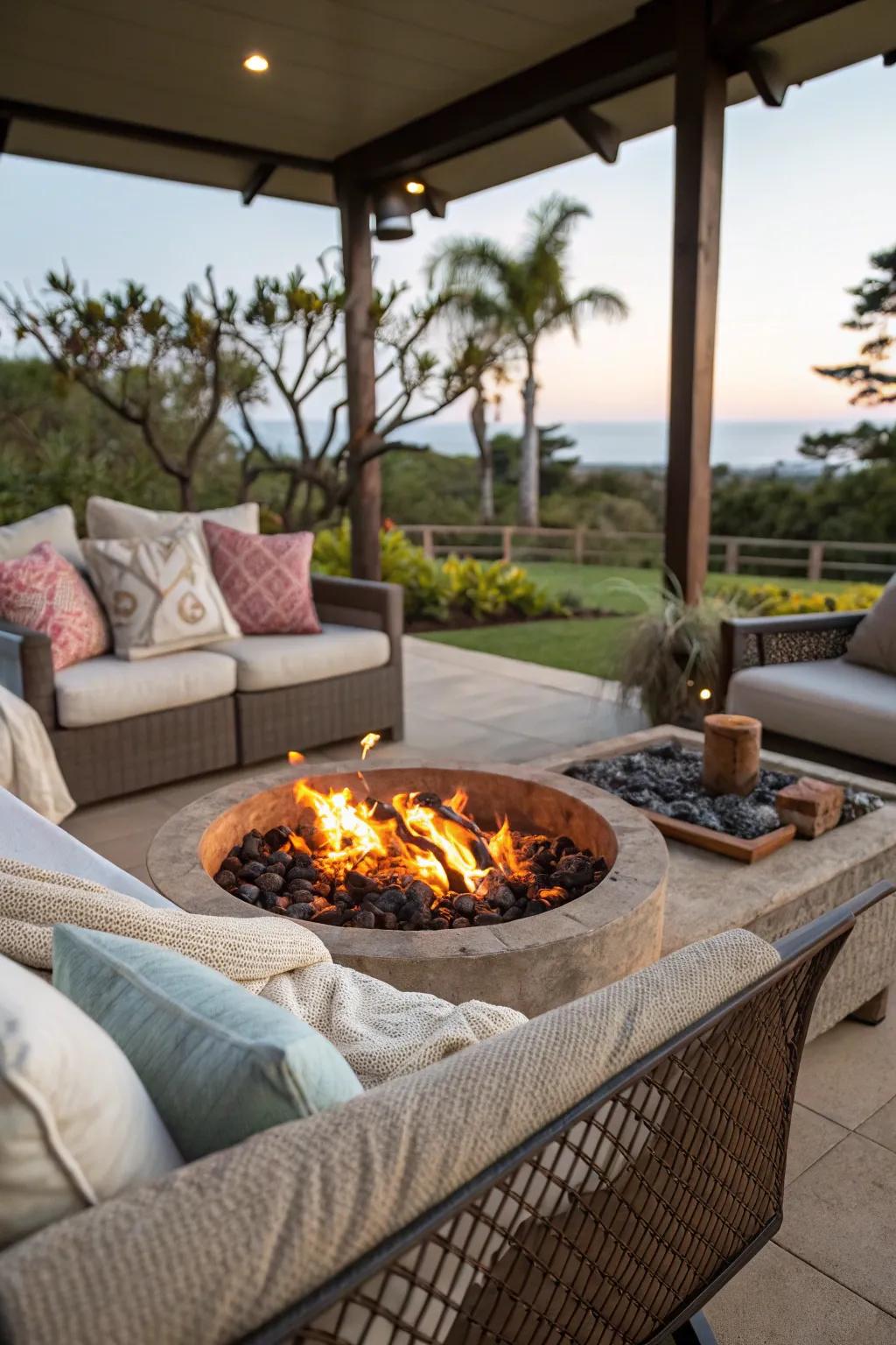 A fire pit creates a warm gathering spot.