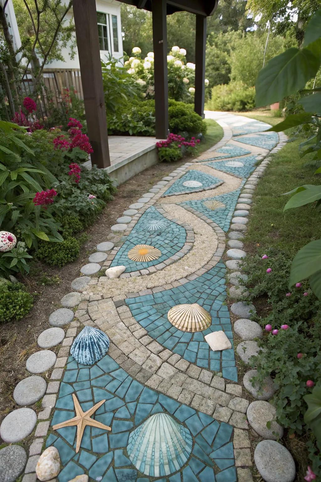A seaside-inspired mosaic path that evokes the charm of a coastal retreat.