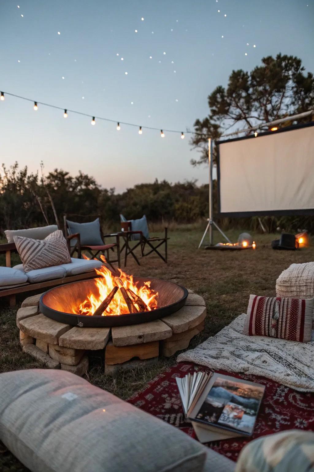 A fire pit adds warmth and an inviting atmosphere to your outdoor movie night.
