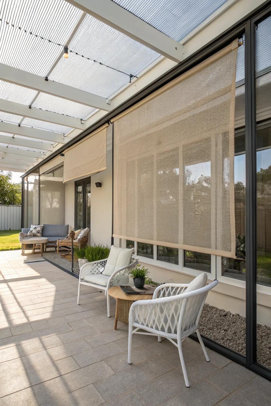 Mesh blinds provide a breezy yet shaded patio experience.