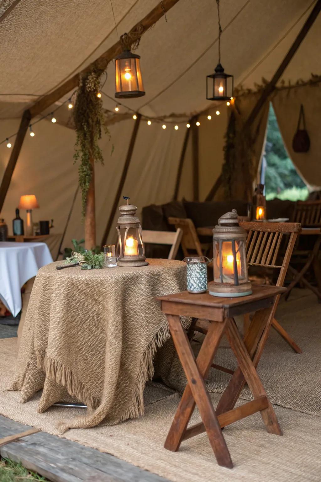 Blend rustic charm with chic style in your patio tent.
