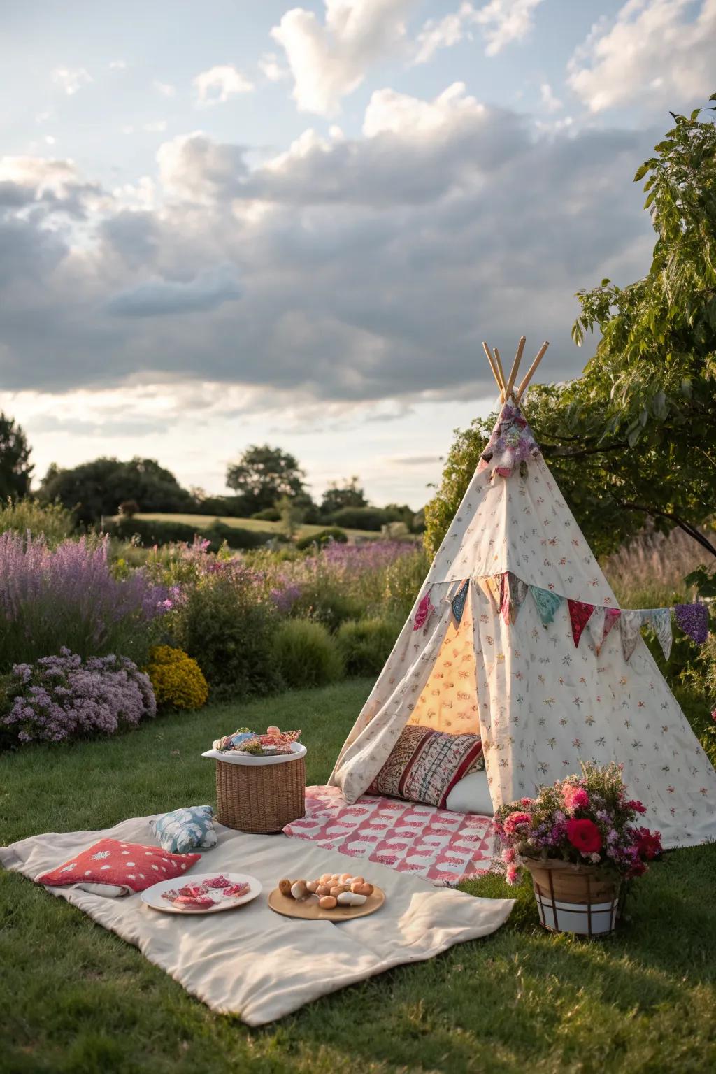 A teepee adds a cozy, shaded spot for relaxation.