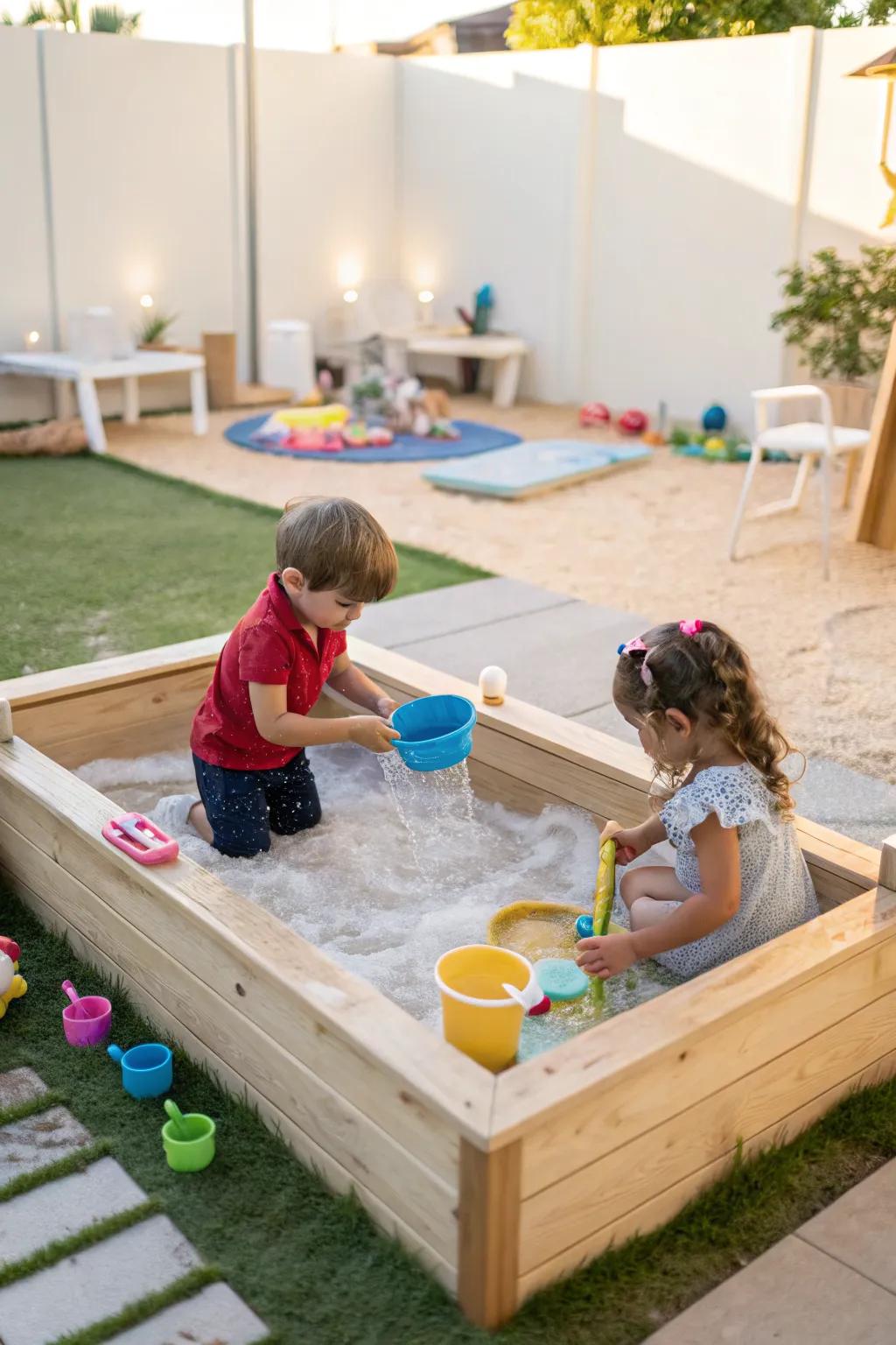 Sand and water play areas engage children in sensory exploration.