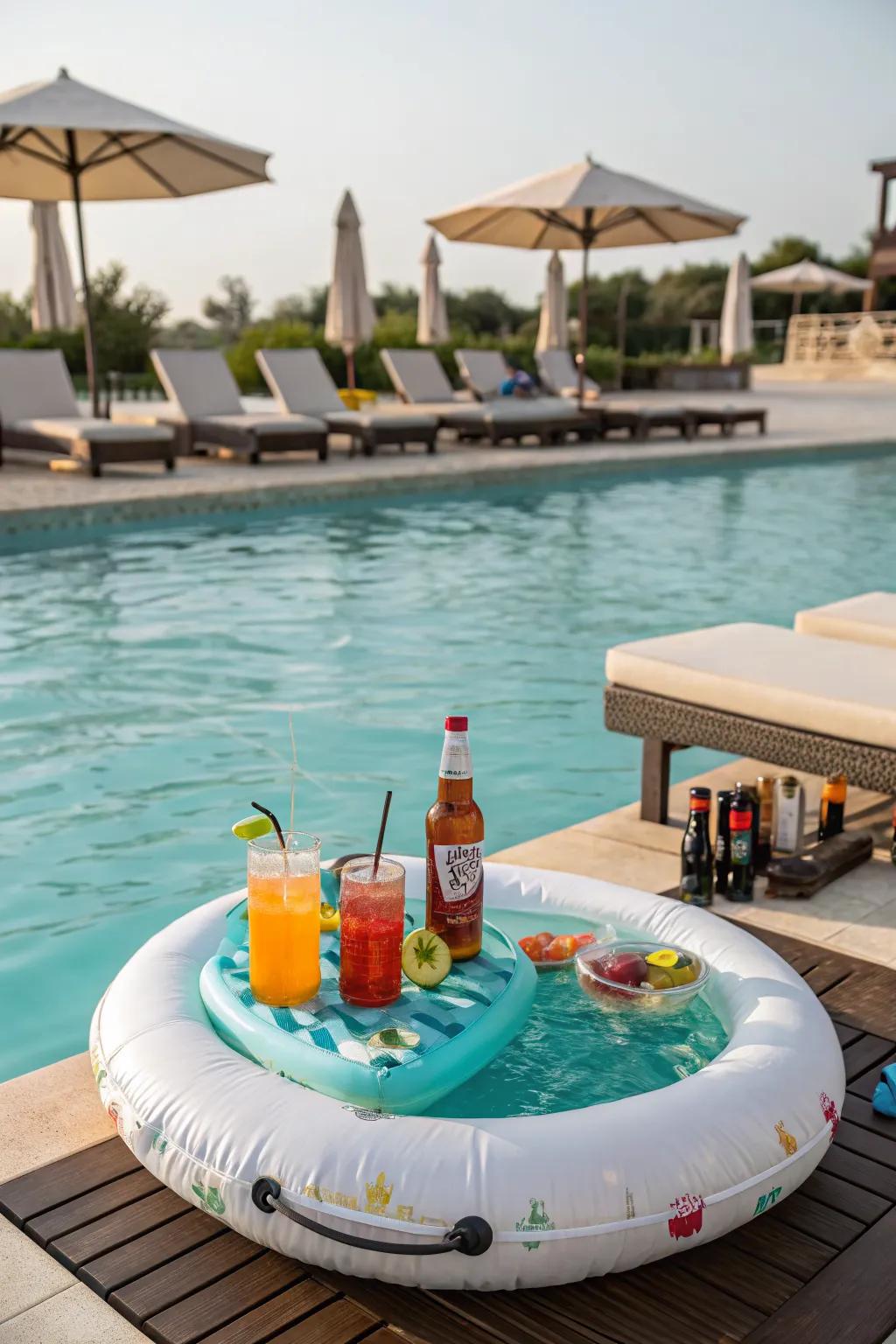 Add novelty with a floating pool bar for your pool parties.