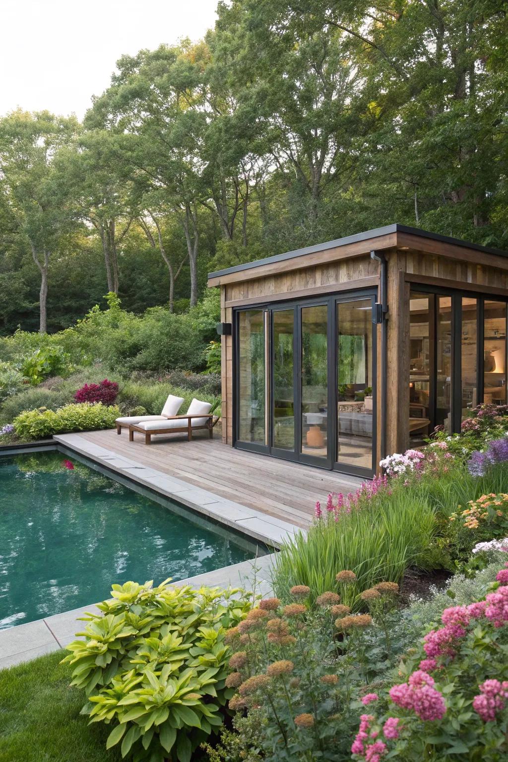 A pool house that seamlessly integrates with the surrounding landscape.