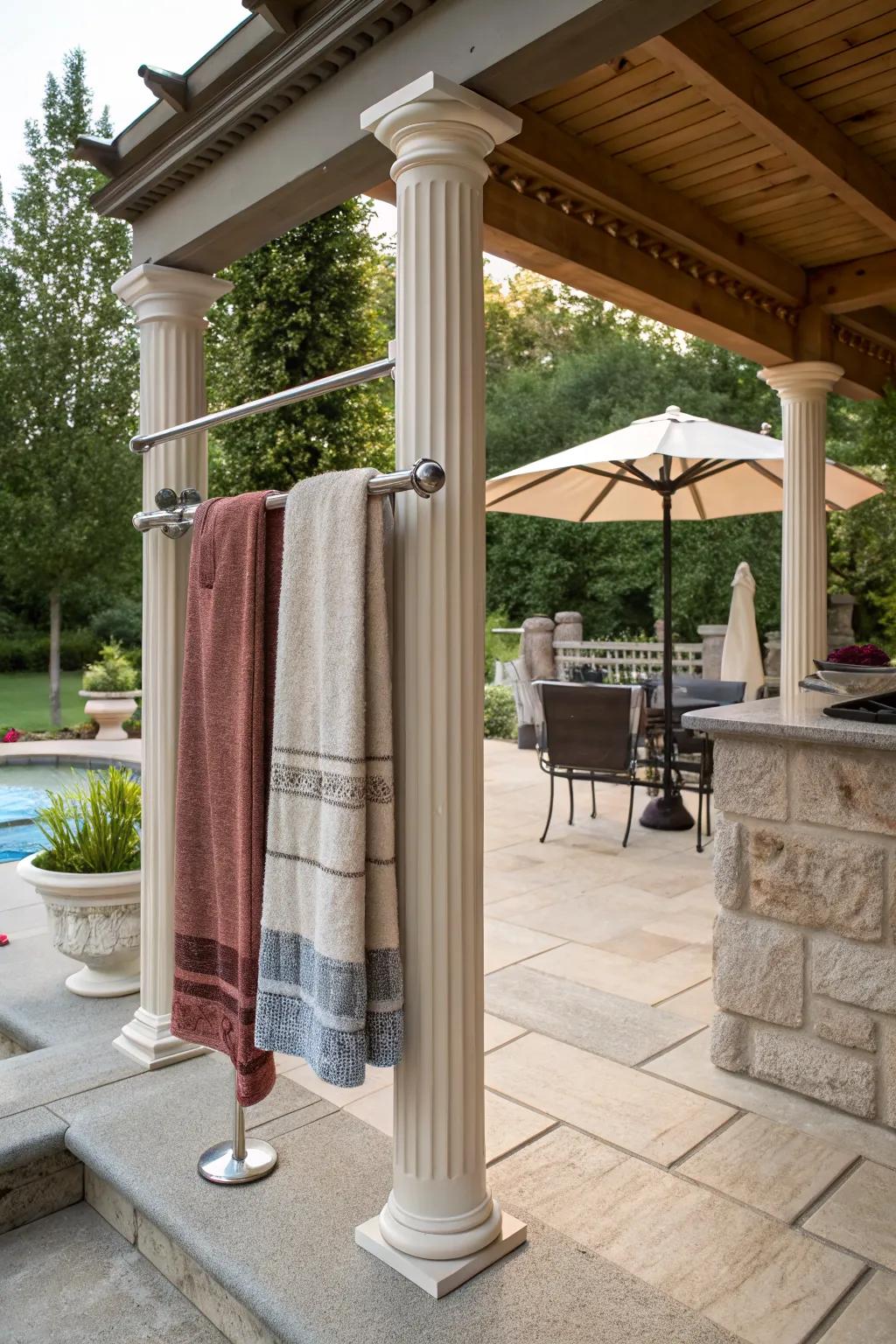 Tension pole racks offer a no-drill solution for towel organization.