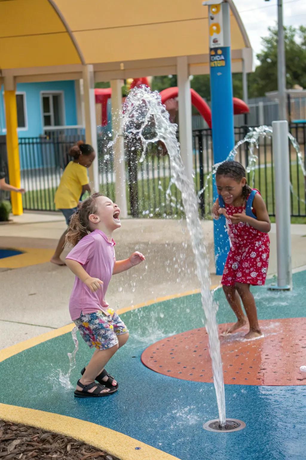 Kids enjoying a playful water feature in a preschool playground.