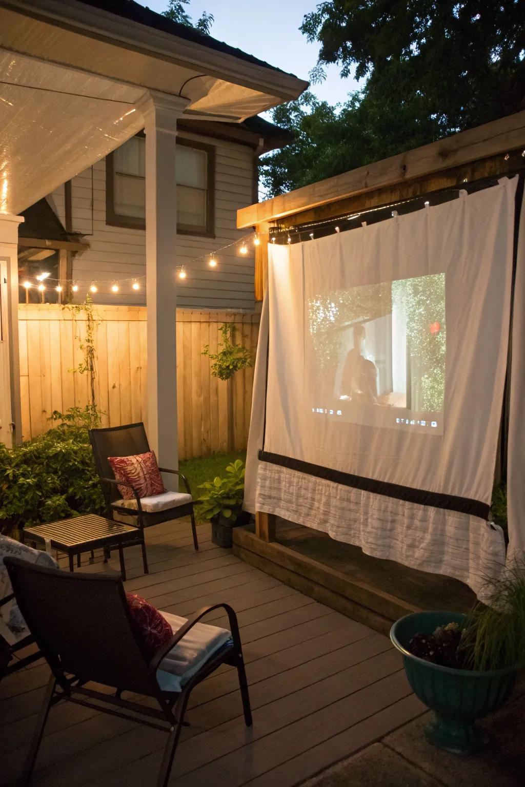 Repurpose a shower curtain for an affordable and effective outdoor projector screen.