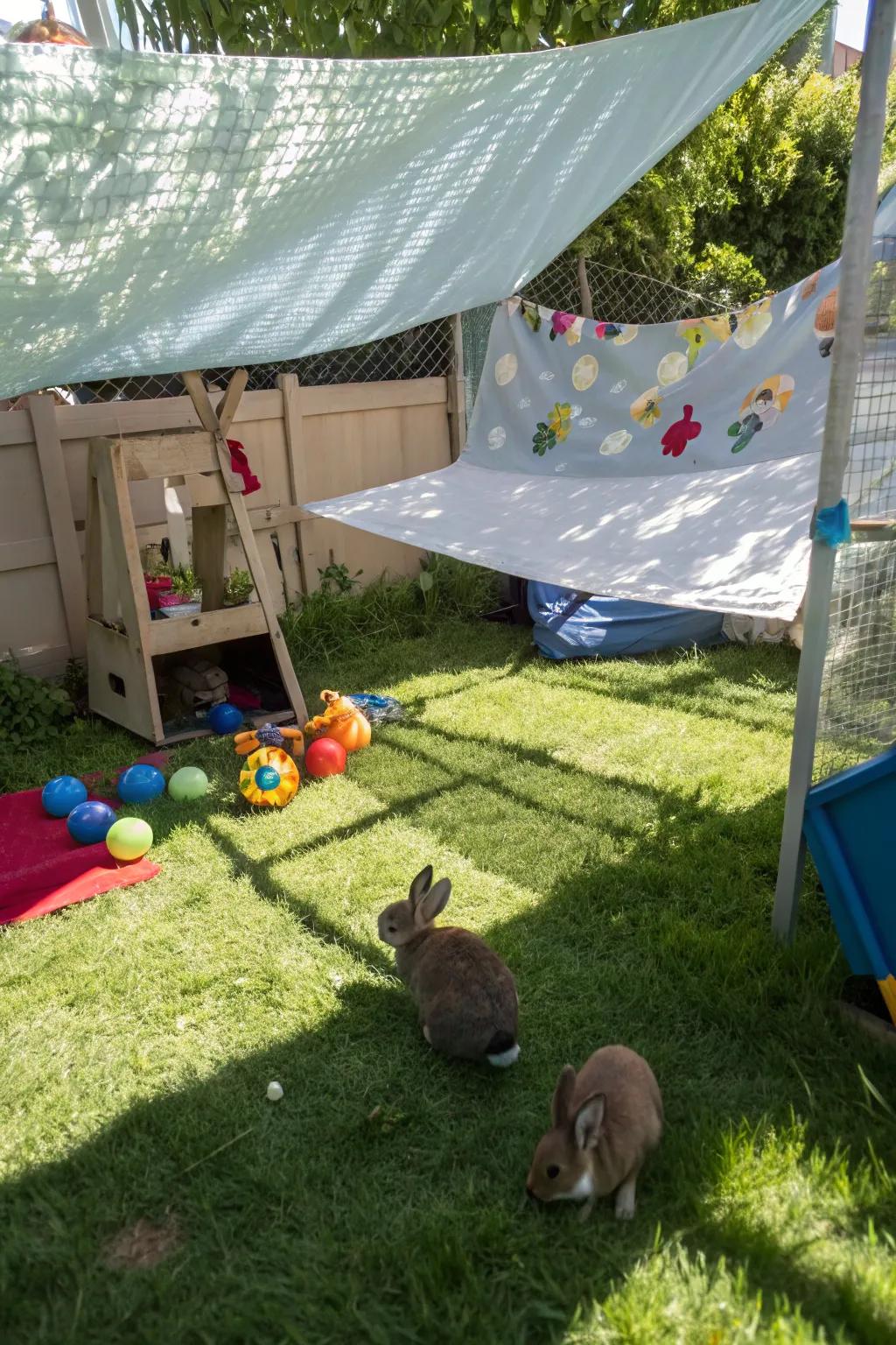 A rabbit area with ample shade to ensure comfort and safety.