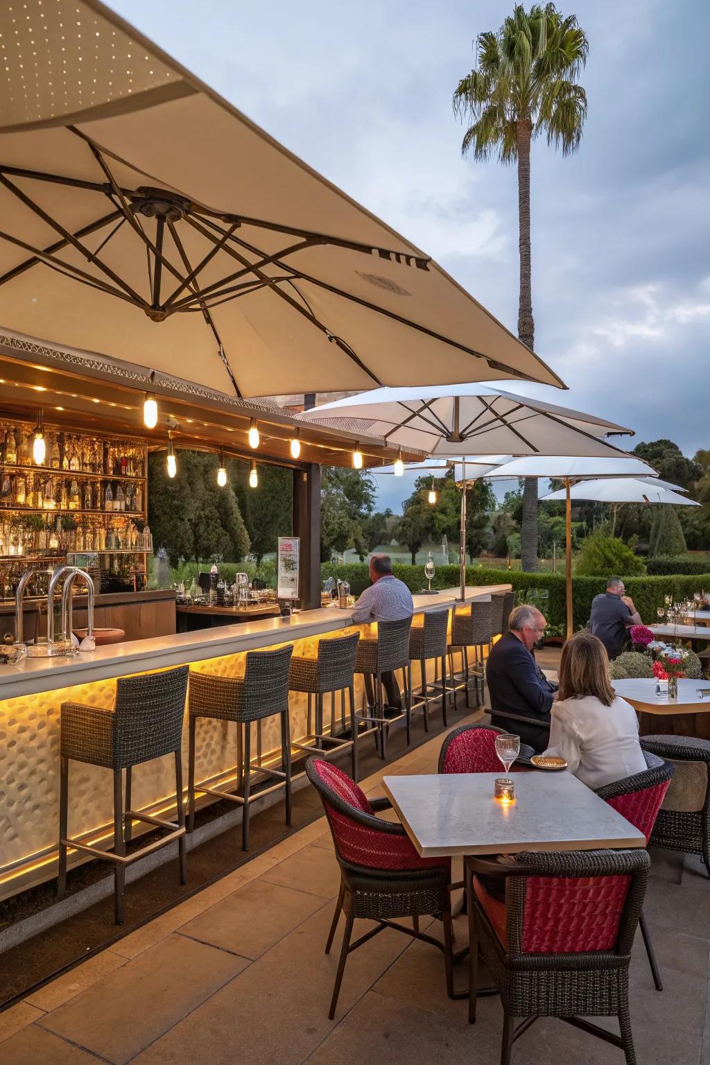 An outdoor bar creates a lively social hub.