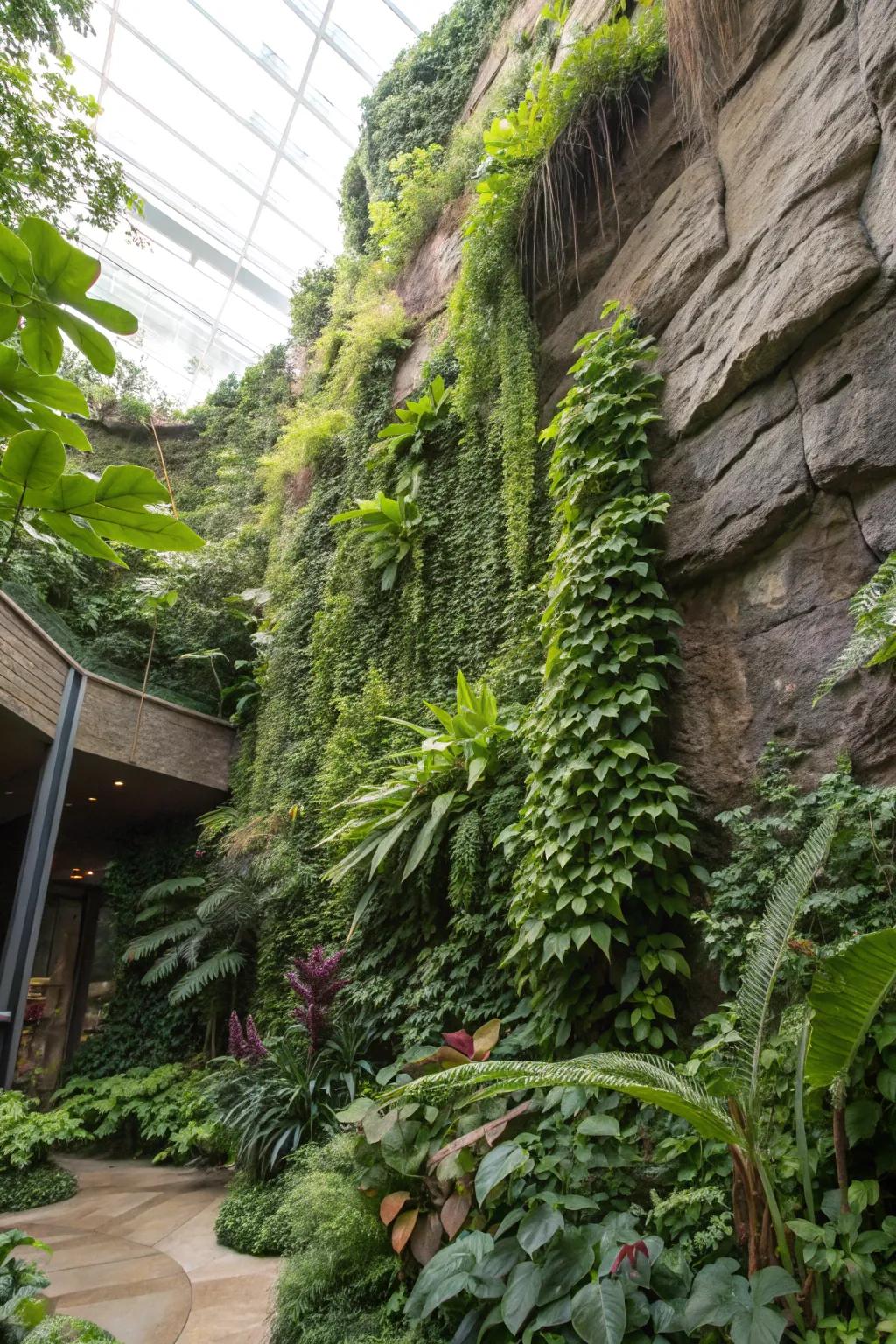 Vertical gardens on rock walls maximize space beautifully.