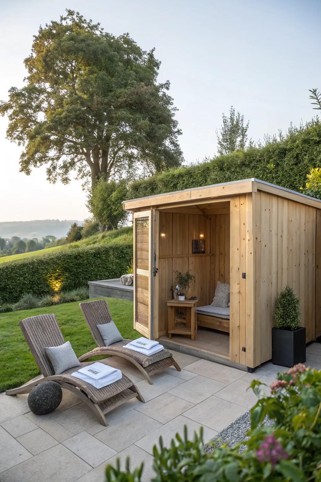 A cozy seating area invites relaxation and conversation post-sauna.
