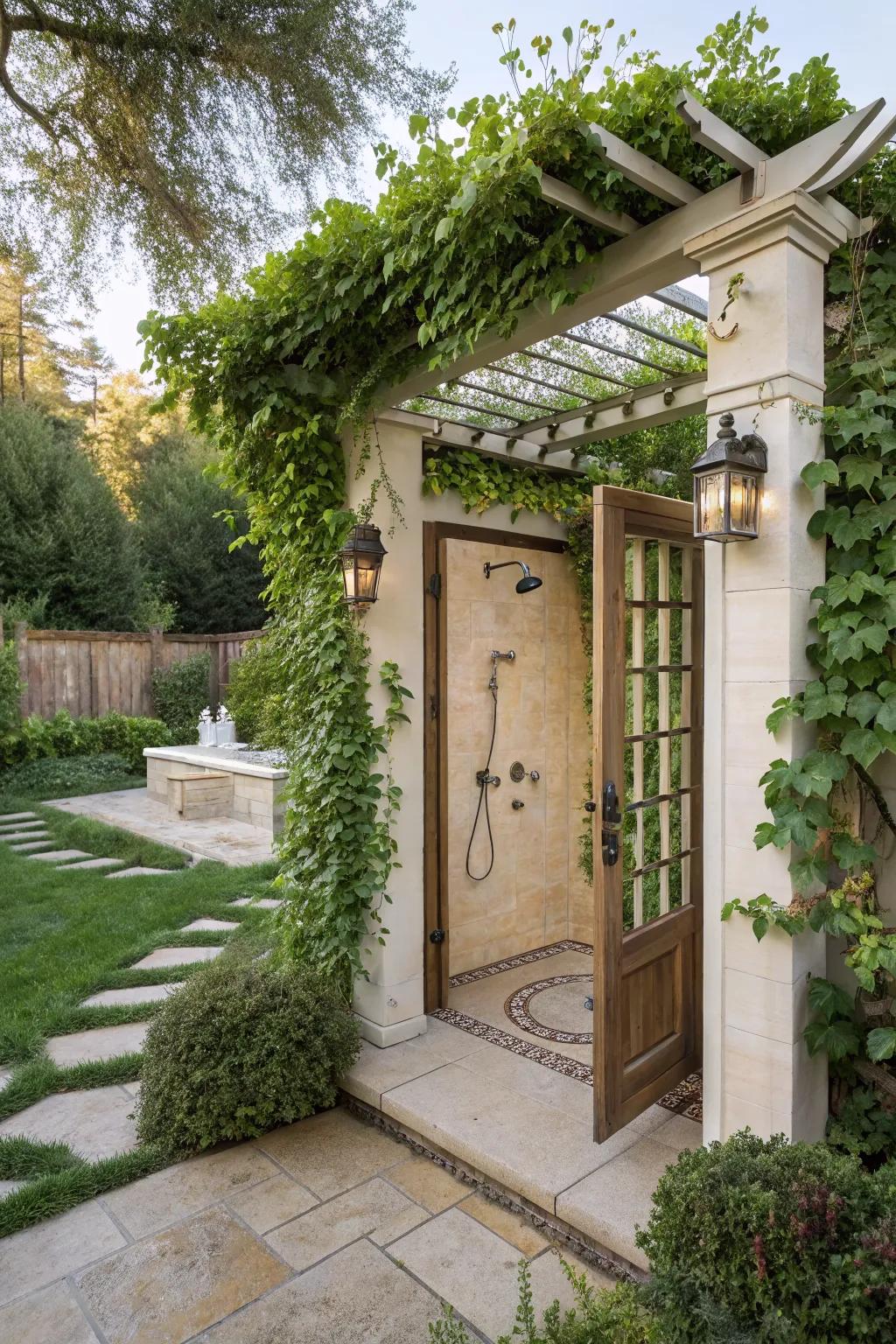 An outdoor shower with a pergola-topped door, enhancing elegance and natural beauty.