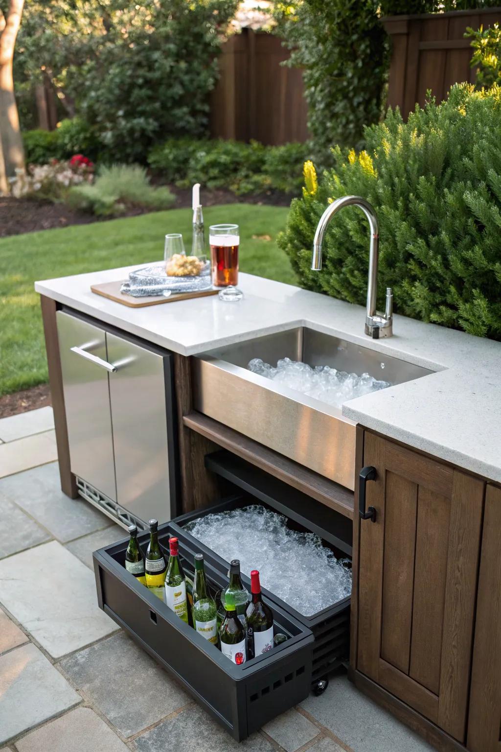 An outdoor sink setup with a convenient beverage station.