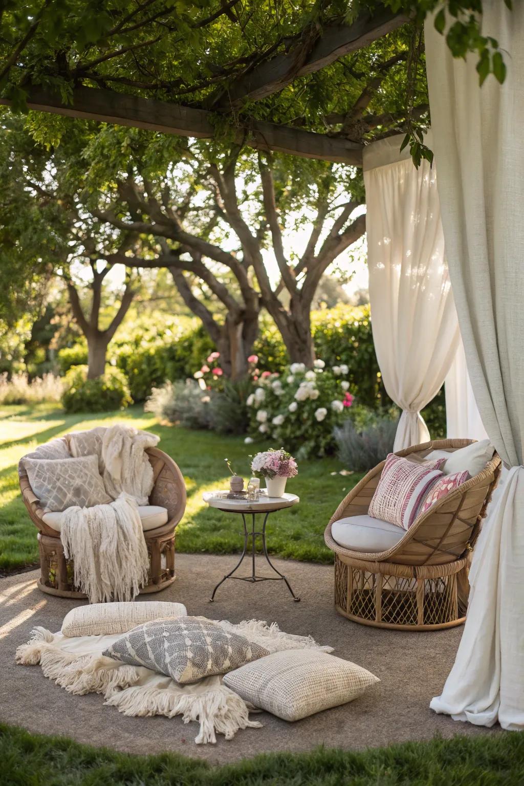 A cozy outdoor seating area adorned with soft throws and pillows.