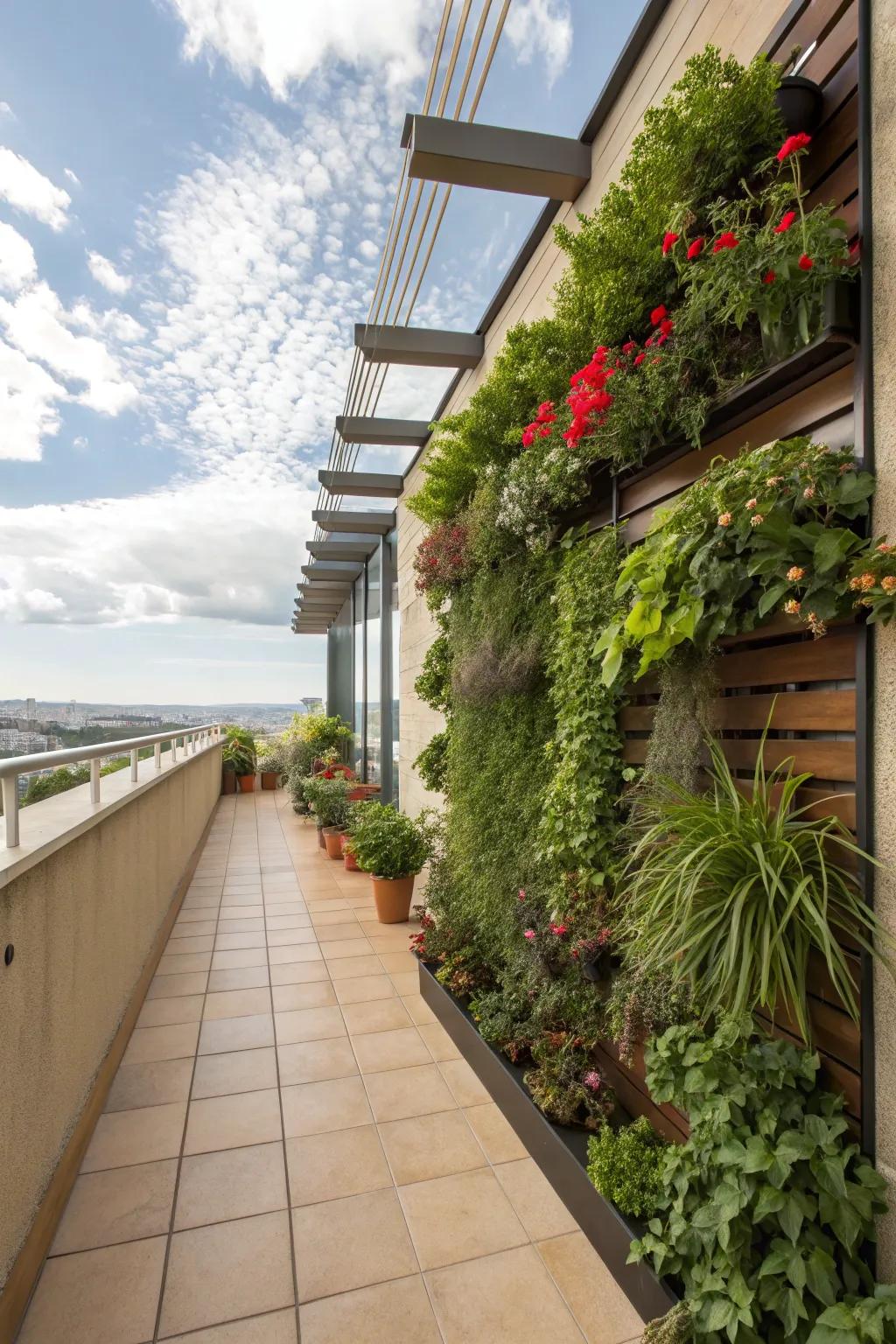 Vertical gardens maximize greenery in compact outdoor spaces.