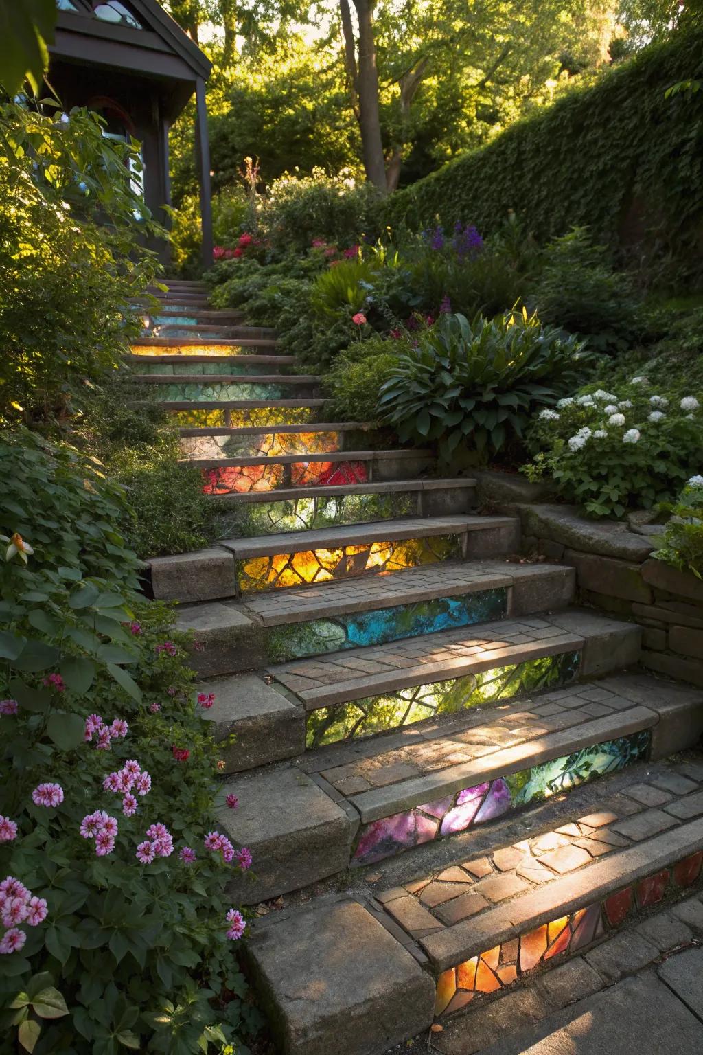 Stained glass inserts add a magical touch to stair risers.