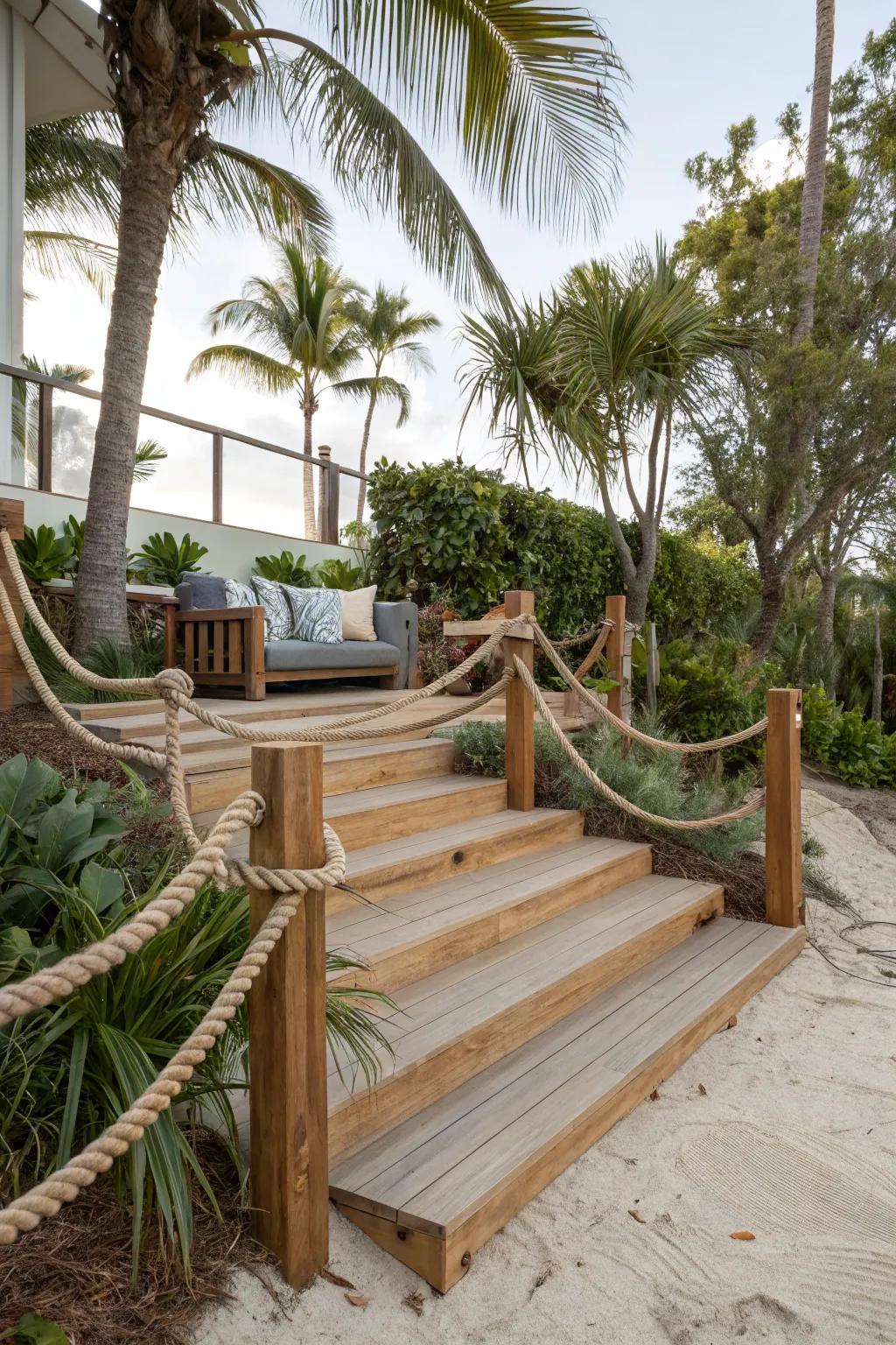 Natural fiber rope railings create a cozy, coastal feel.