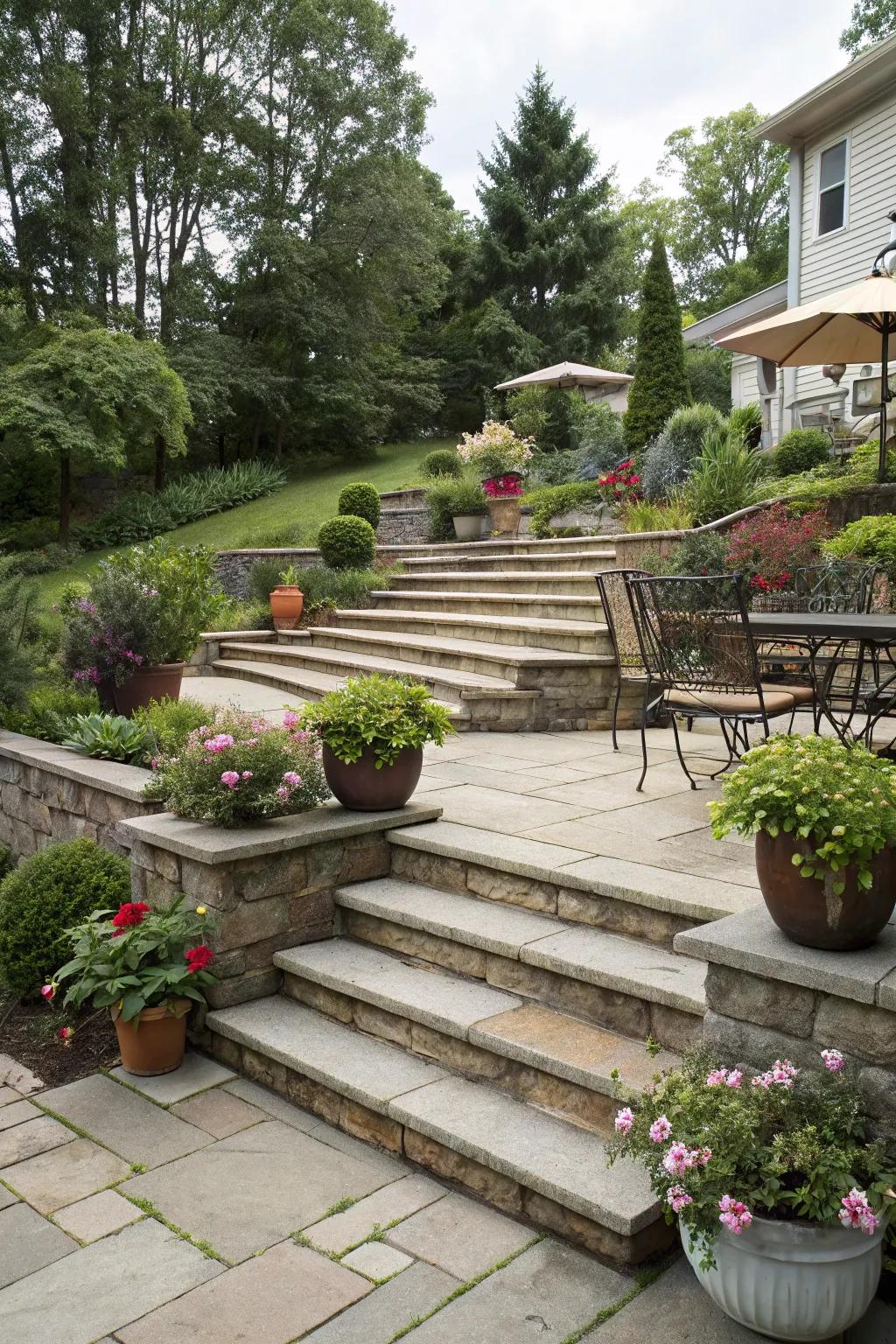 Multi-level steps add dimension and interest to your patio.