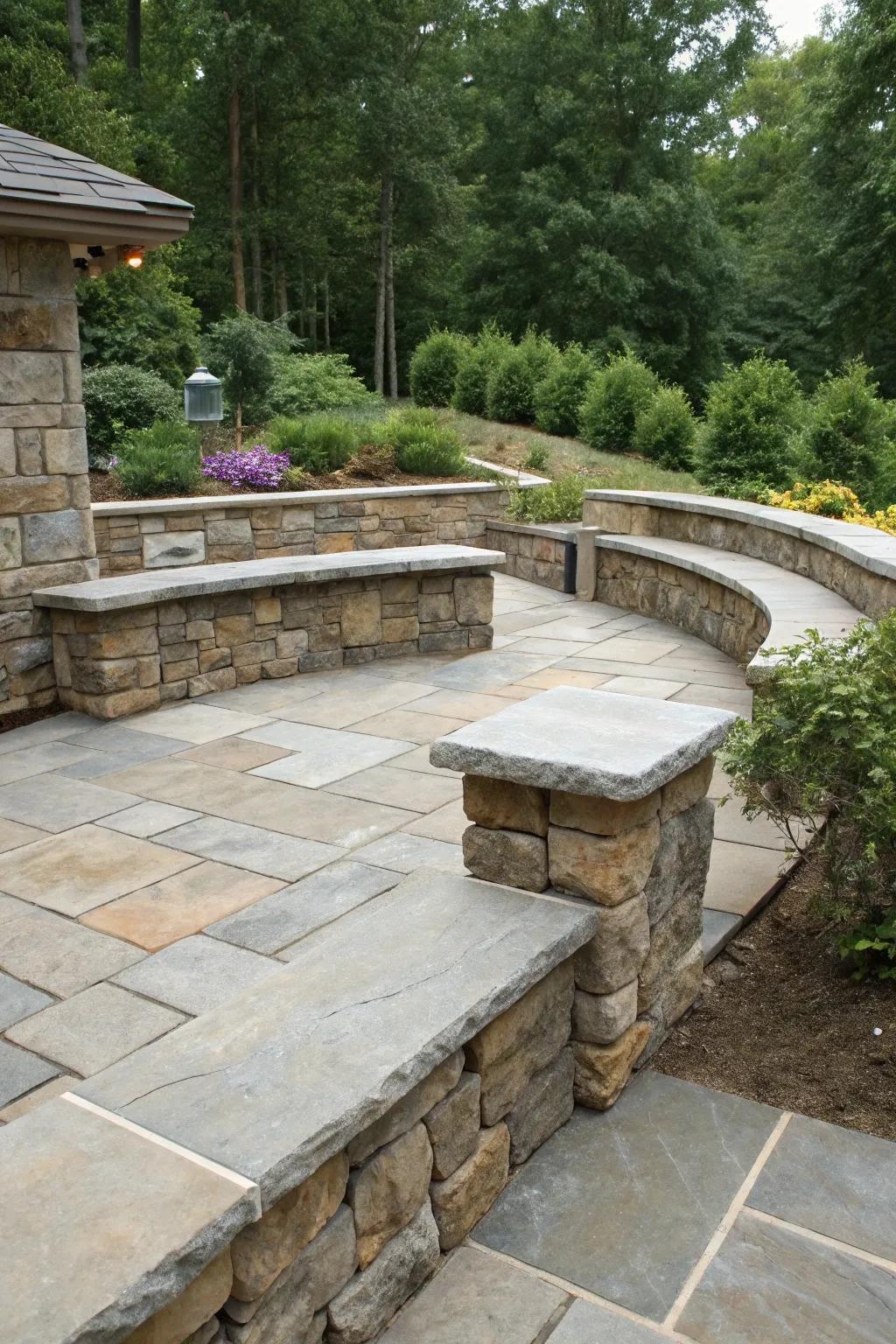 A cohesive hardscape design with stone benches and walls.