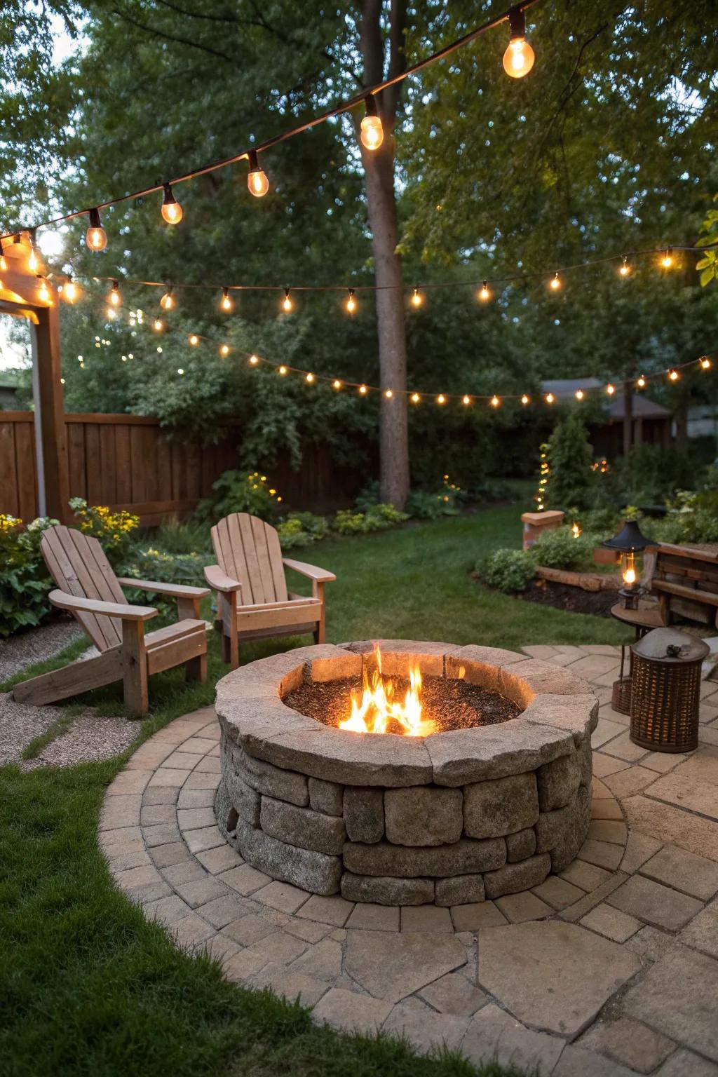 A stone fire pit surrounded by ambient lighting, creating a warm and inviting atmosphere.