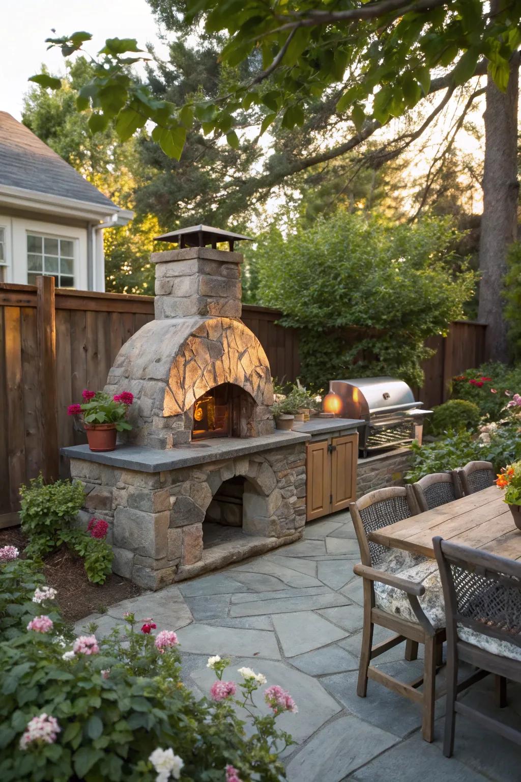A stone grill with a pizza oven for gourmet outdoor cooking.