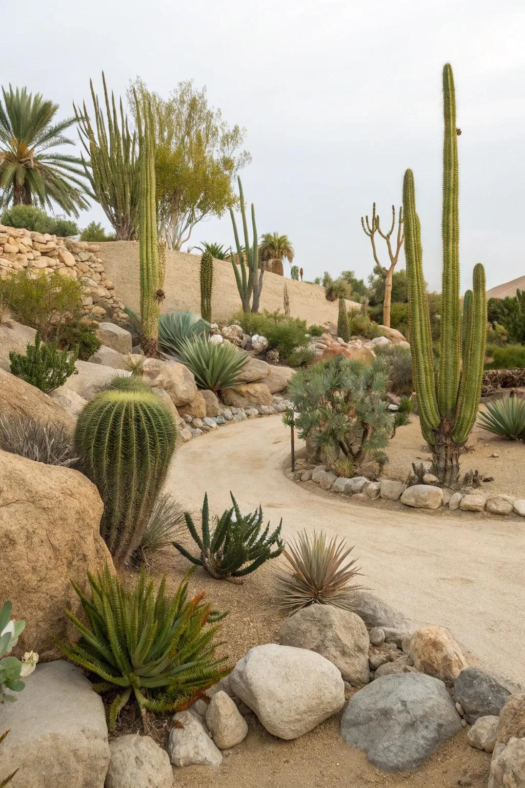 A dramatic desert oasis garden showcasing the natural beauty of succulents.
