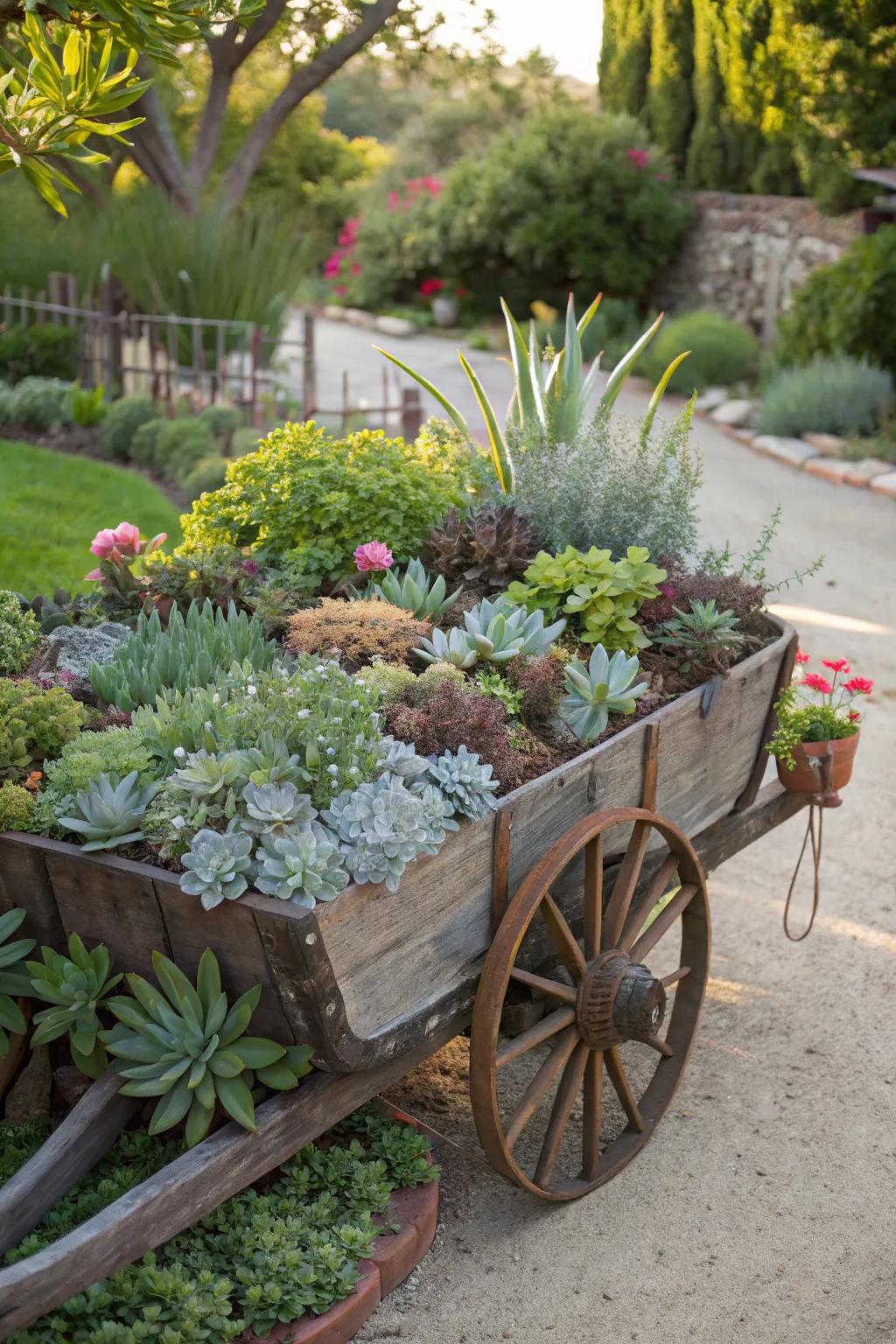 A wagon filled with succulents adds mobility and whimsy to garden decor.