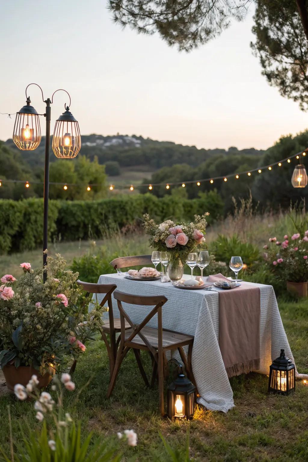 Solar-powered lights add eco-friendly elegance to outdoor tables.