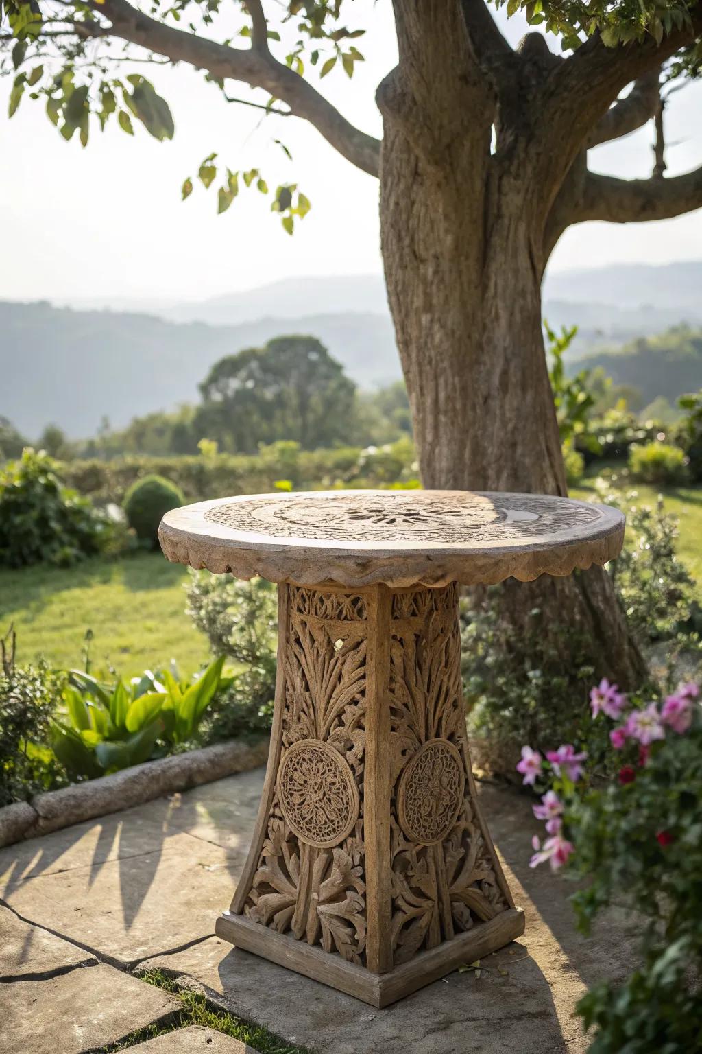 An artistic tree stump table featuring beautiful carved designs.