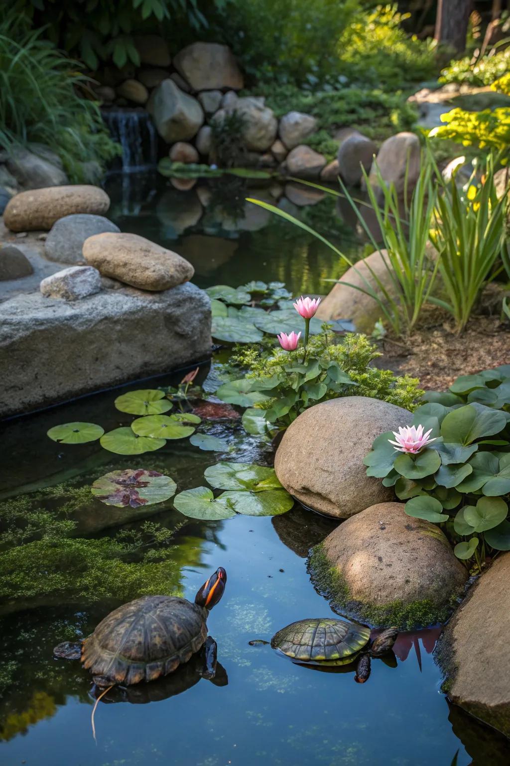 A blend of colors and textures enhances the turtle pond's visual appeal.