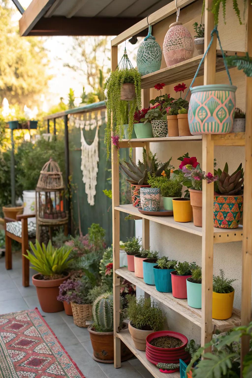 Boho shelves with an eclectic mix of plants and decor.