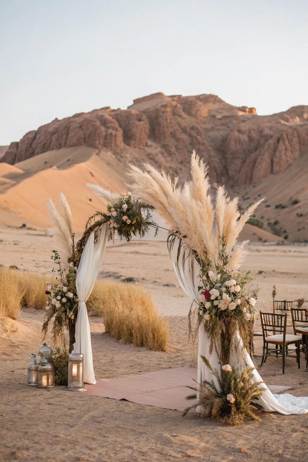 Pampas grass adds bohemian elegance to the altar.