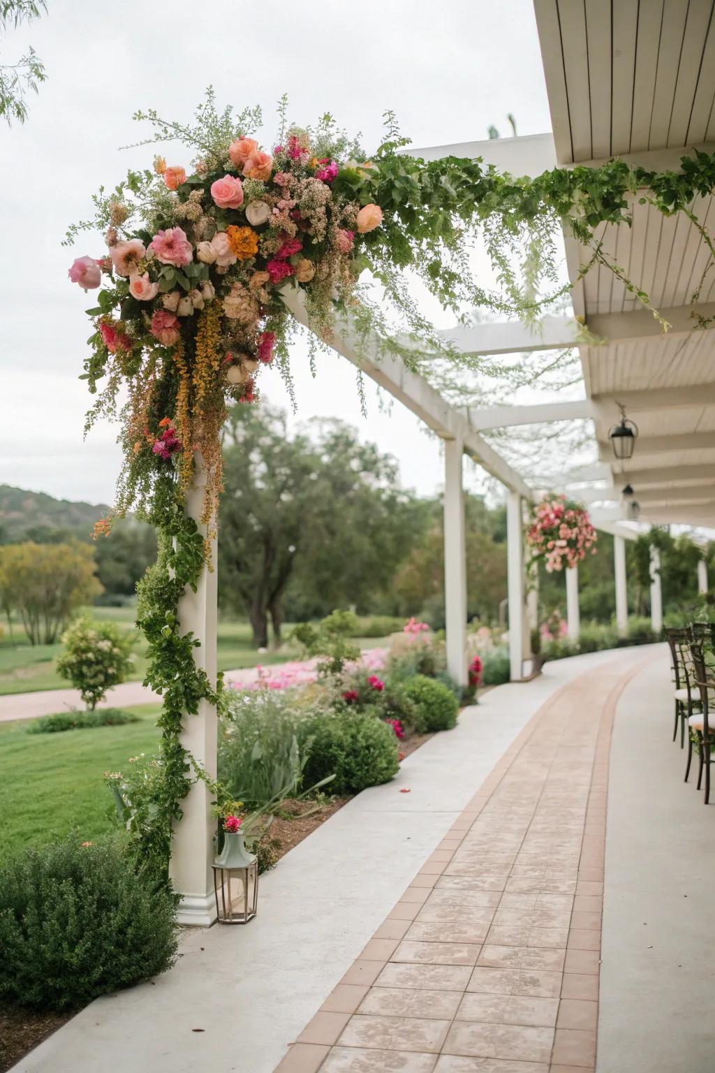 Floral garlands hanging over a wedding walkway