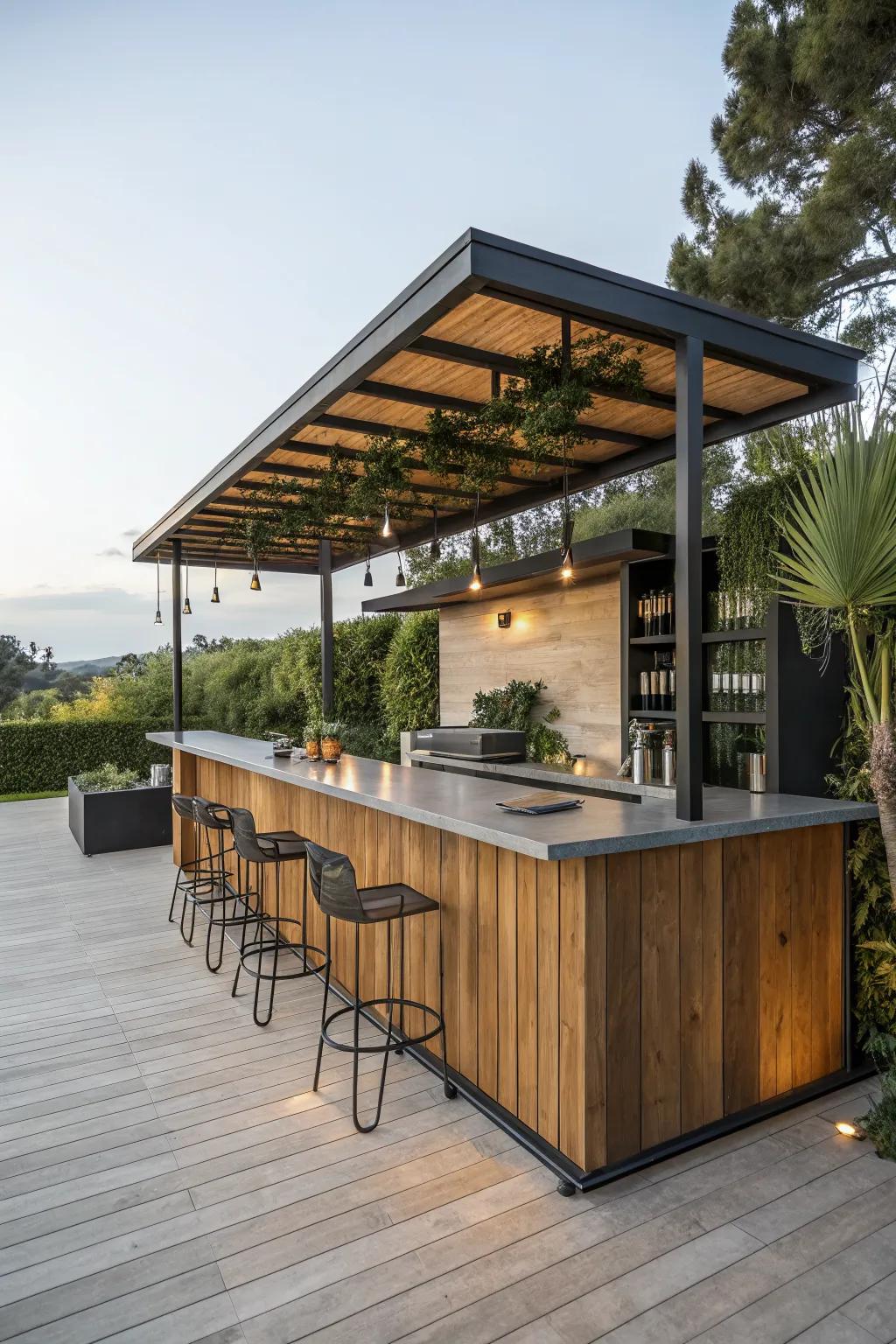 A sleek wood bar with modern accents, blending contemporary style with natural elements.