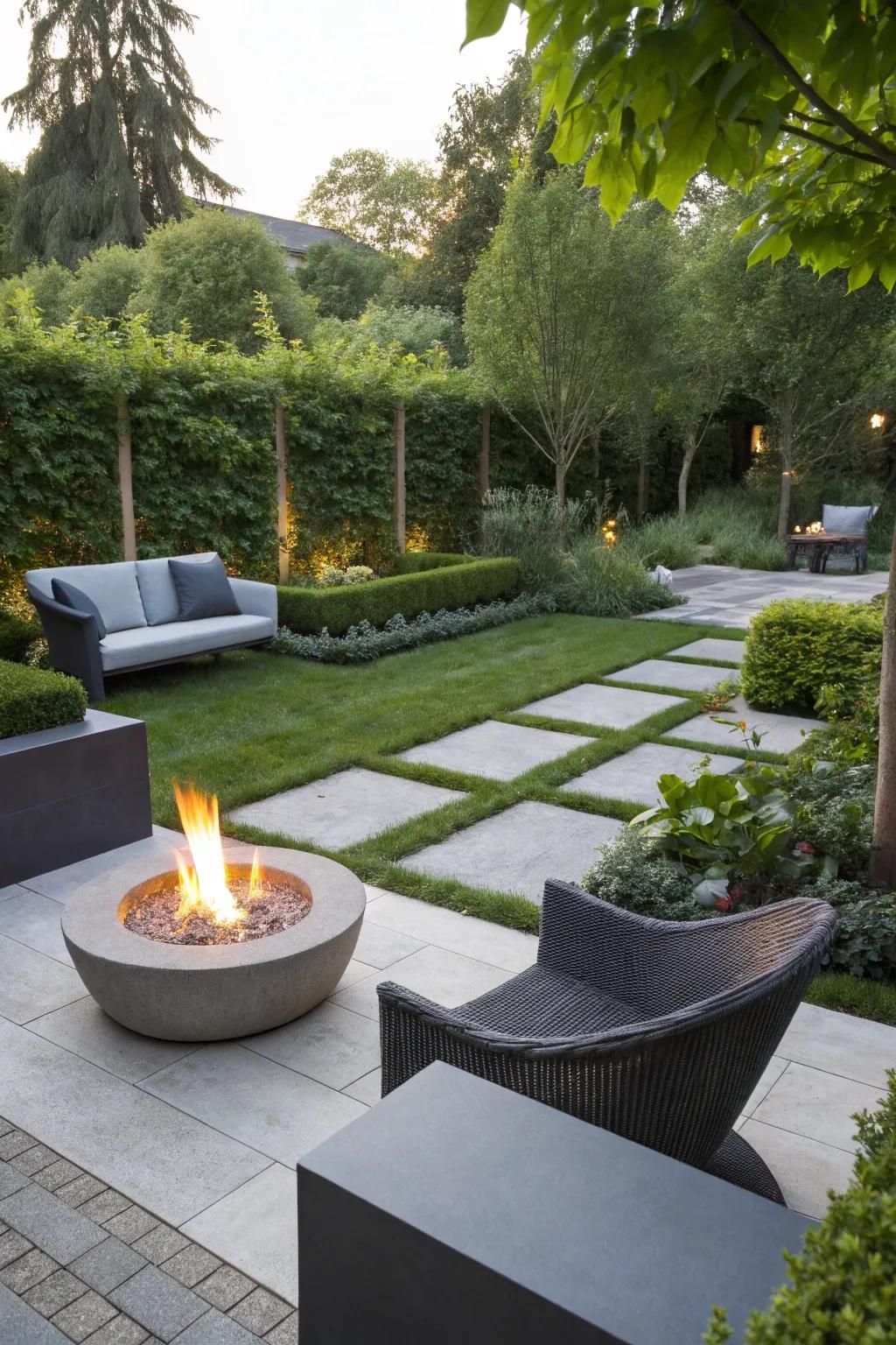 A sculptural fire feature combines art with function.