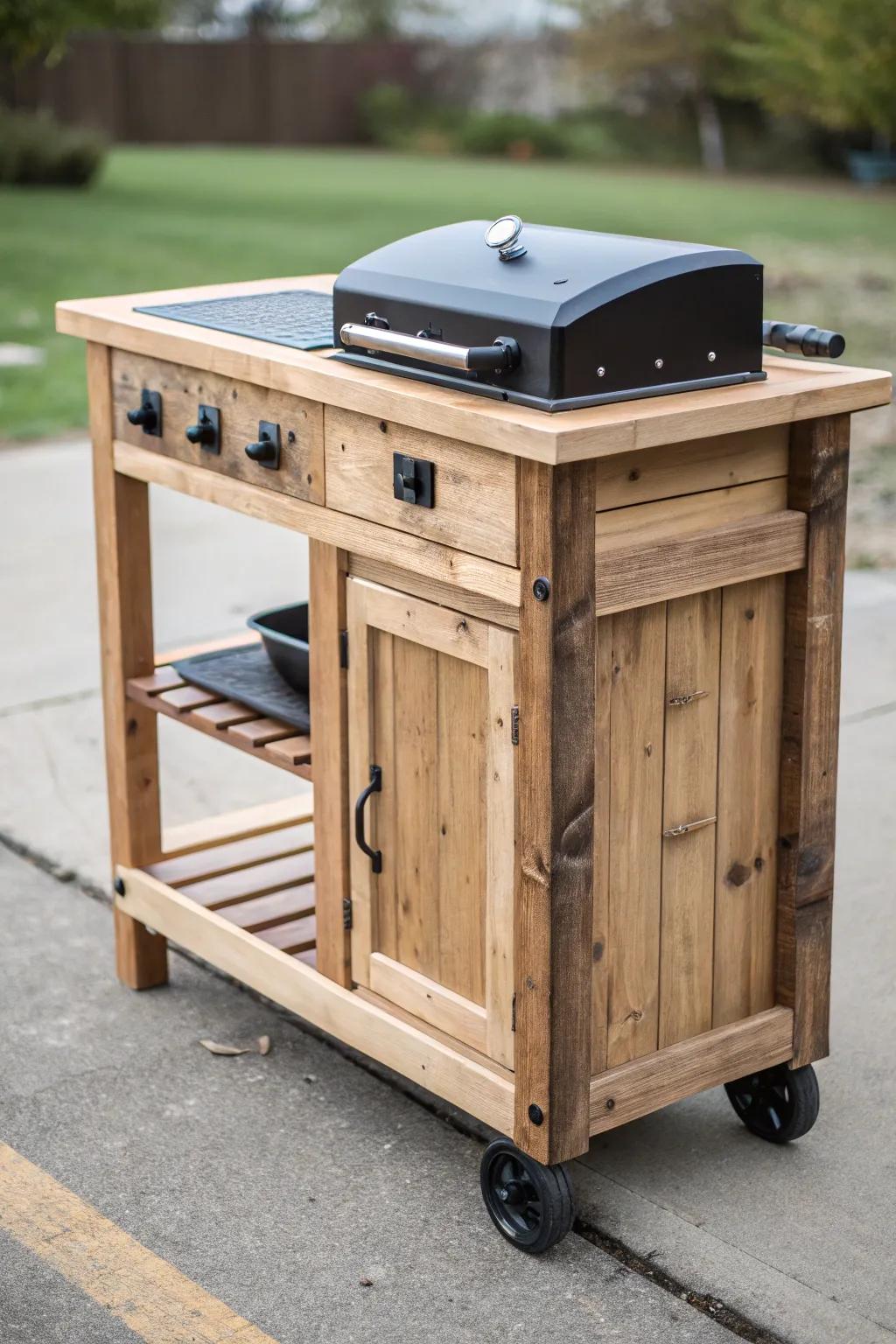 A portable grill cart for convenient and stylish outdoor cooking.