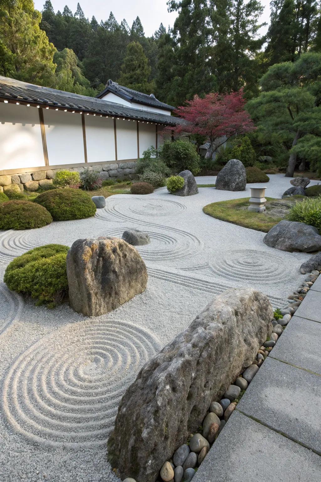 Geometric raking patterns bring harmony to the zen garden