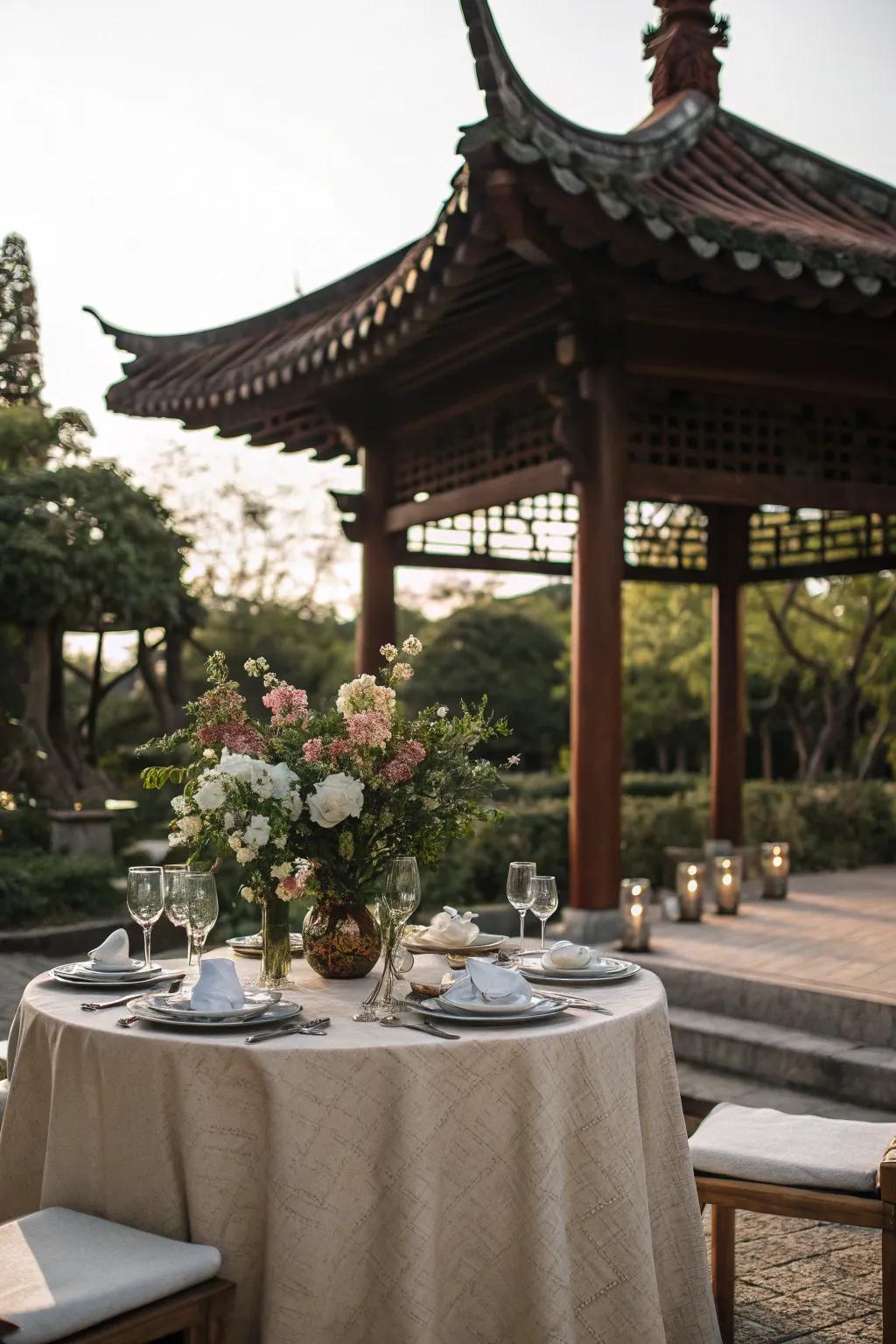 An outdoor dining setup with a pagoda backdrop, perfect for al fresco meals.