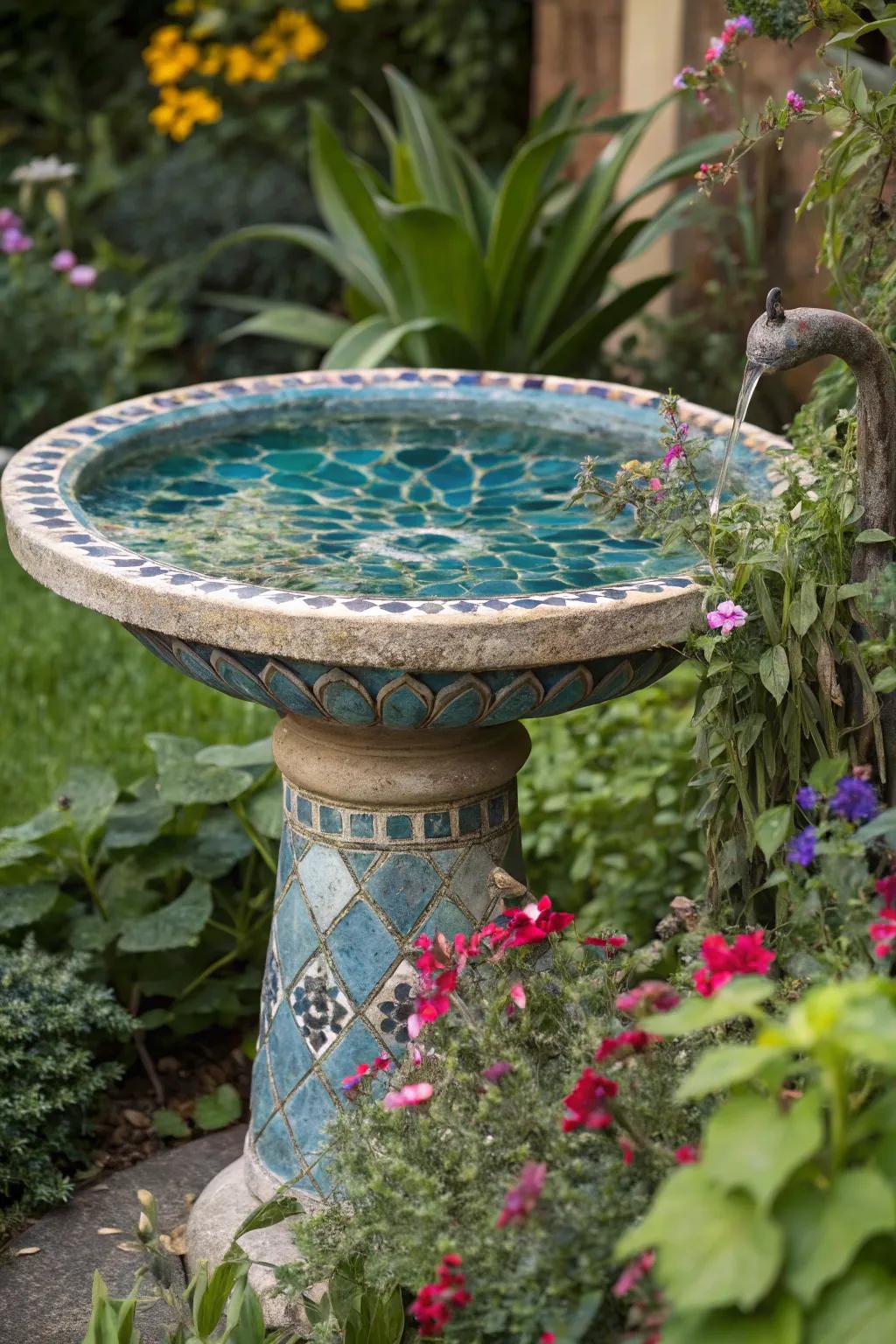 A mosaic masterpiece brings a splash of color and texture to this bird bath.